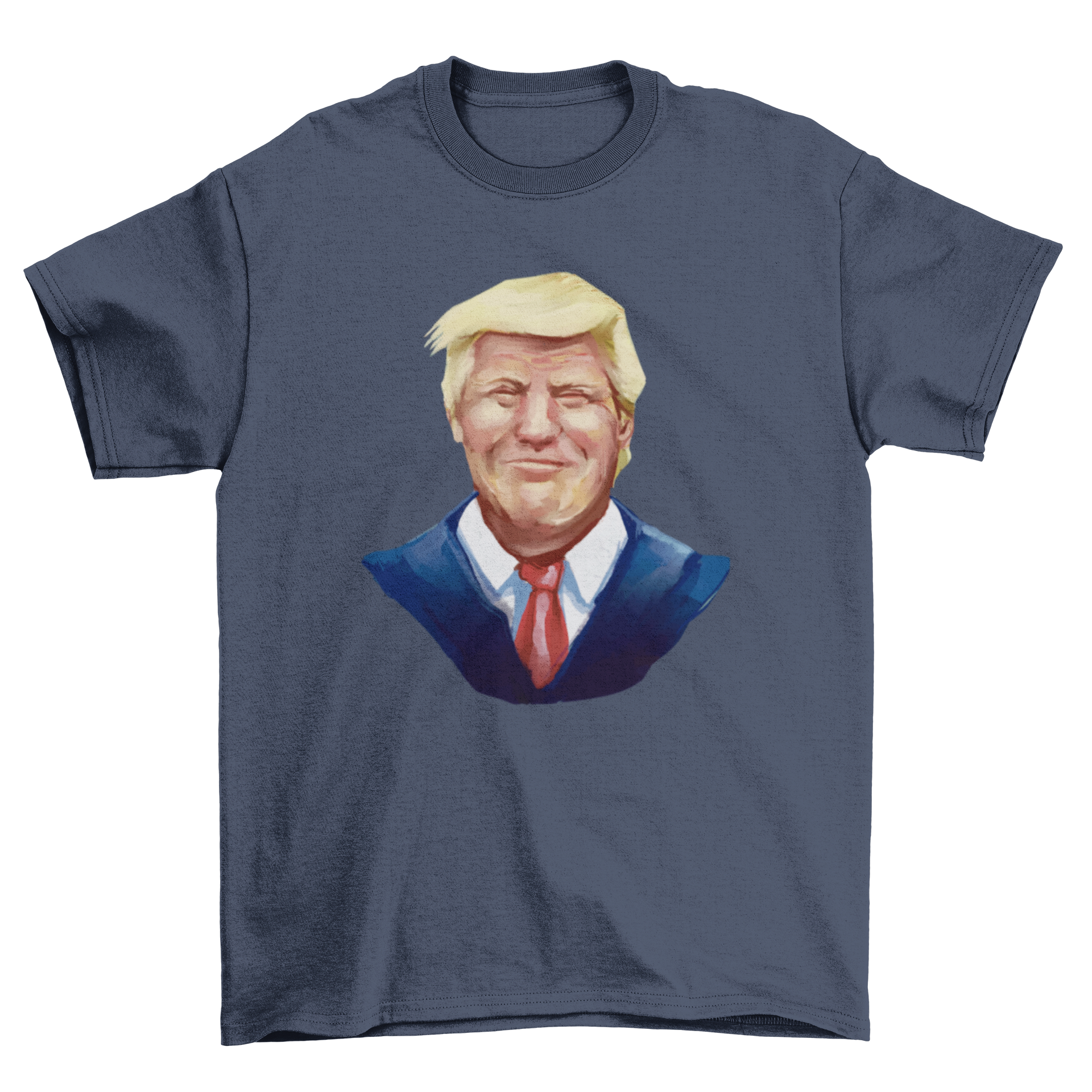 A stylish t-shirt featuring a vibrant watercolor portrait of Donald Trump, showcasing his smiling face in artistic detail.