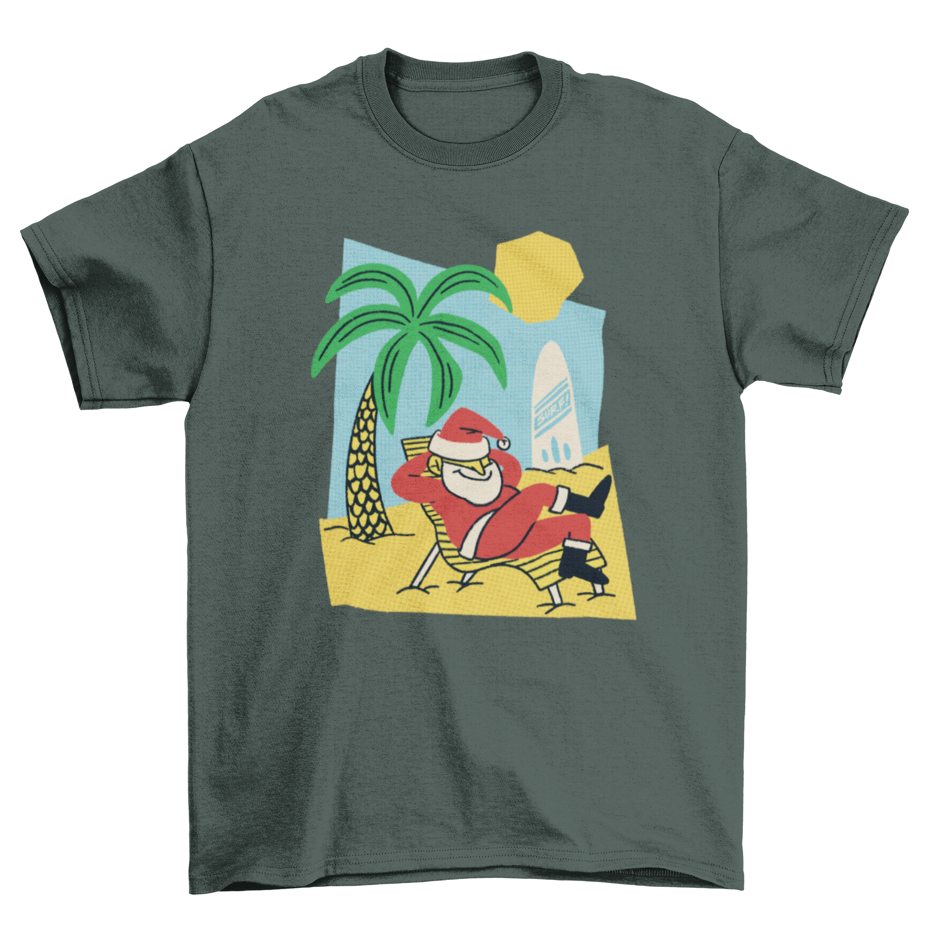 A vibrant t-shirt featuring Santa Claus relaxing on a beach, perfect for summer holidays.