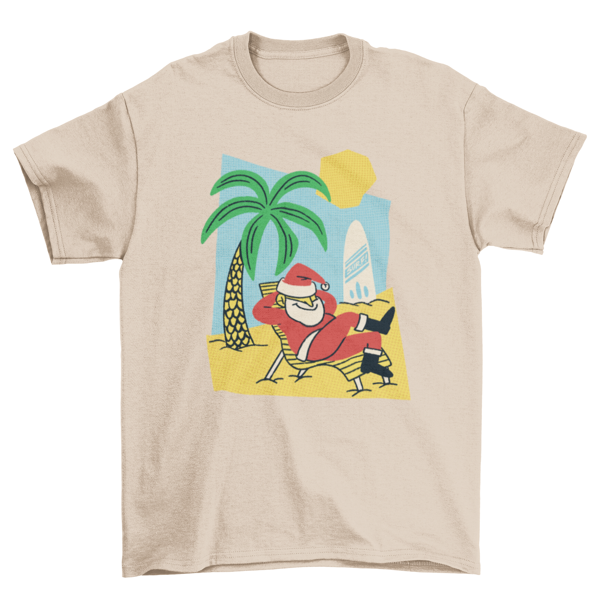 A vibrant t-shirt featuring Santa Claus relaxing on a beach, perfect for summer holidays.