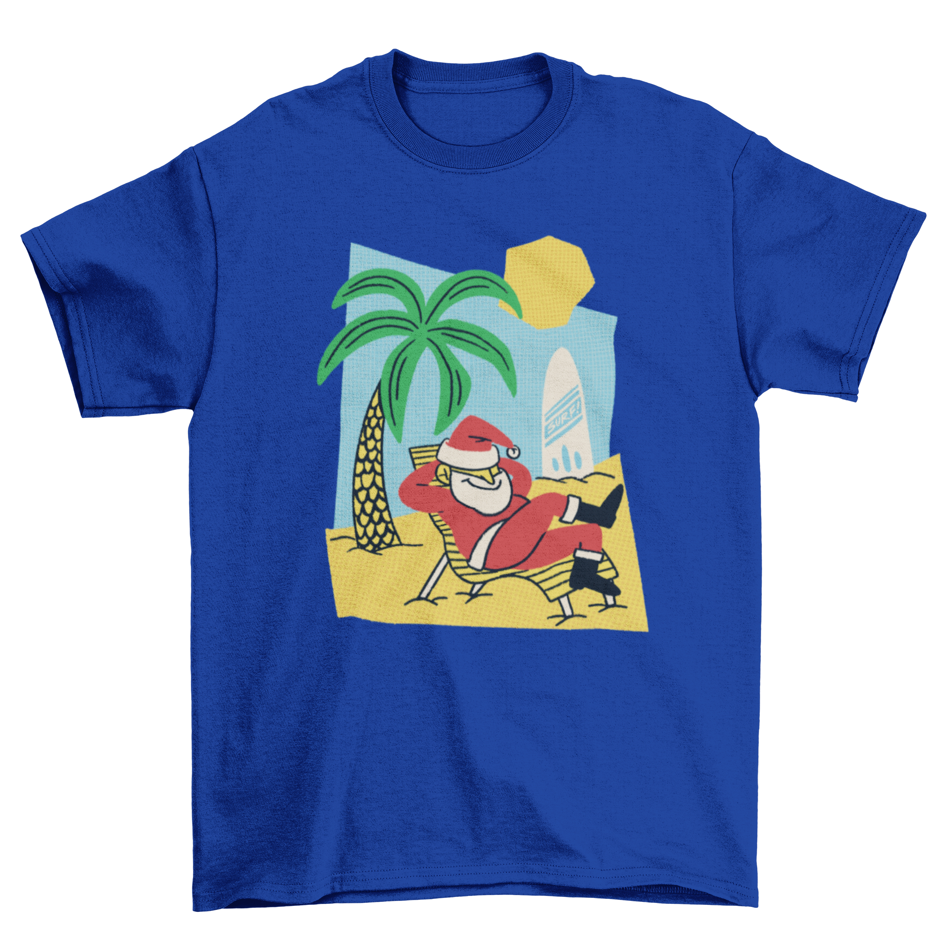 A vibrant t-shirt featuring Santa Claus relaxing on a beach, perfect for summer holidays.