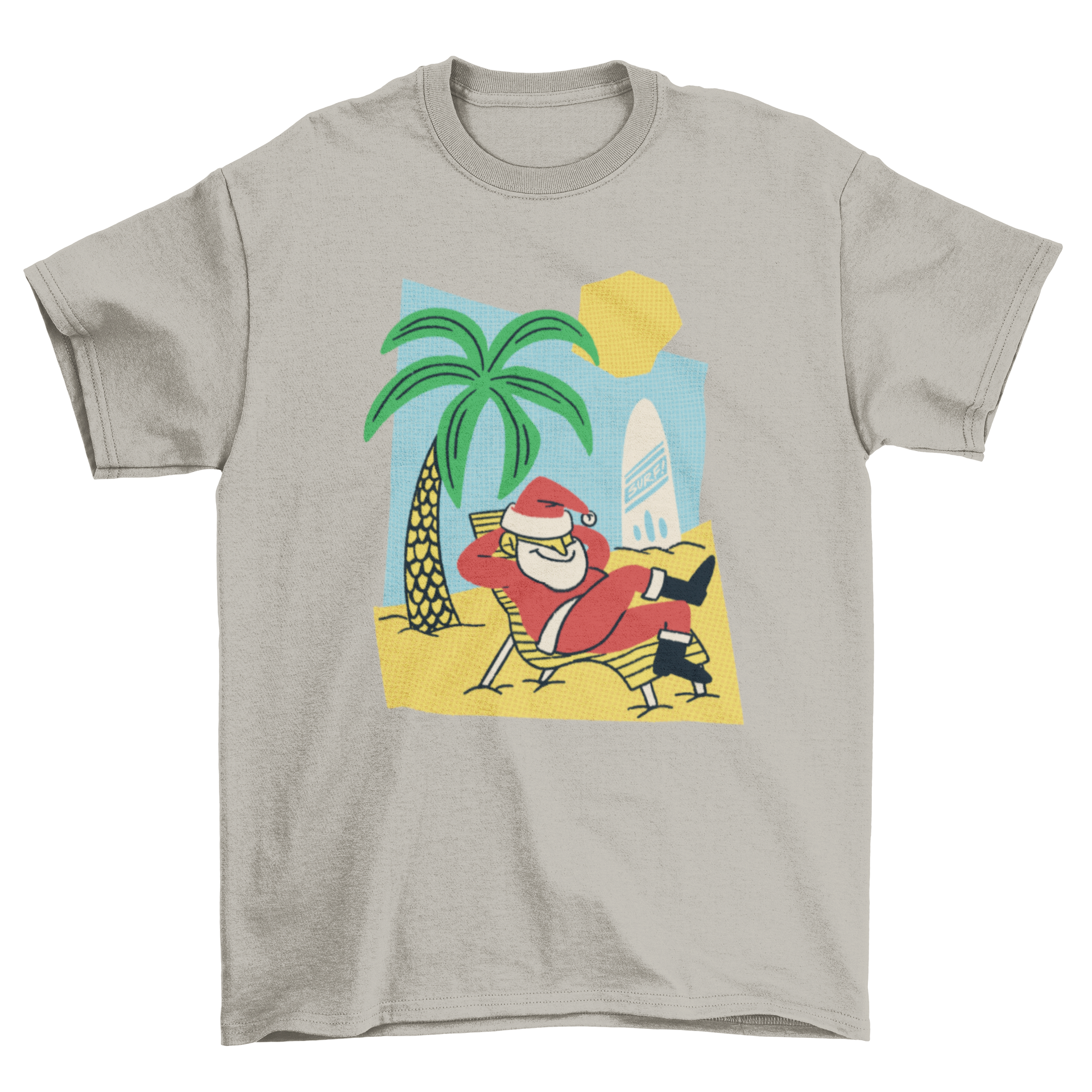 A vibrant t-shirt featuring Santa Claus relaxing on a beach, perfect for summer holidays.