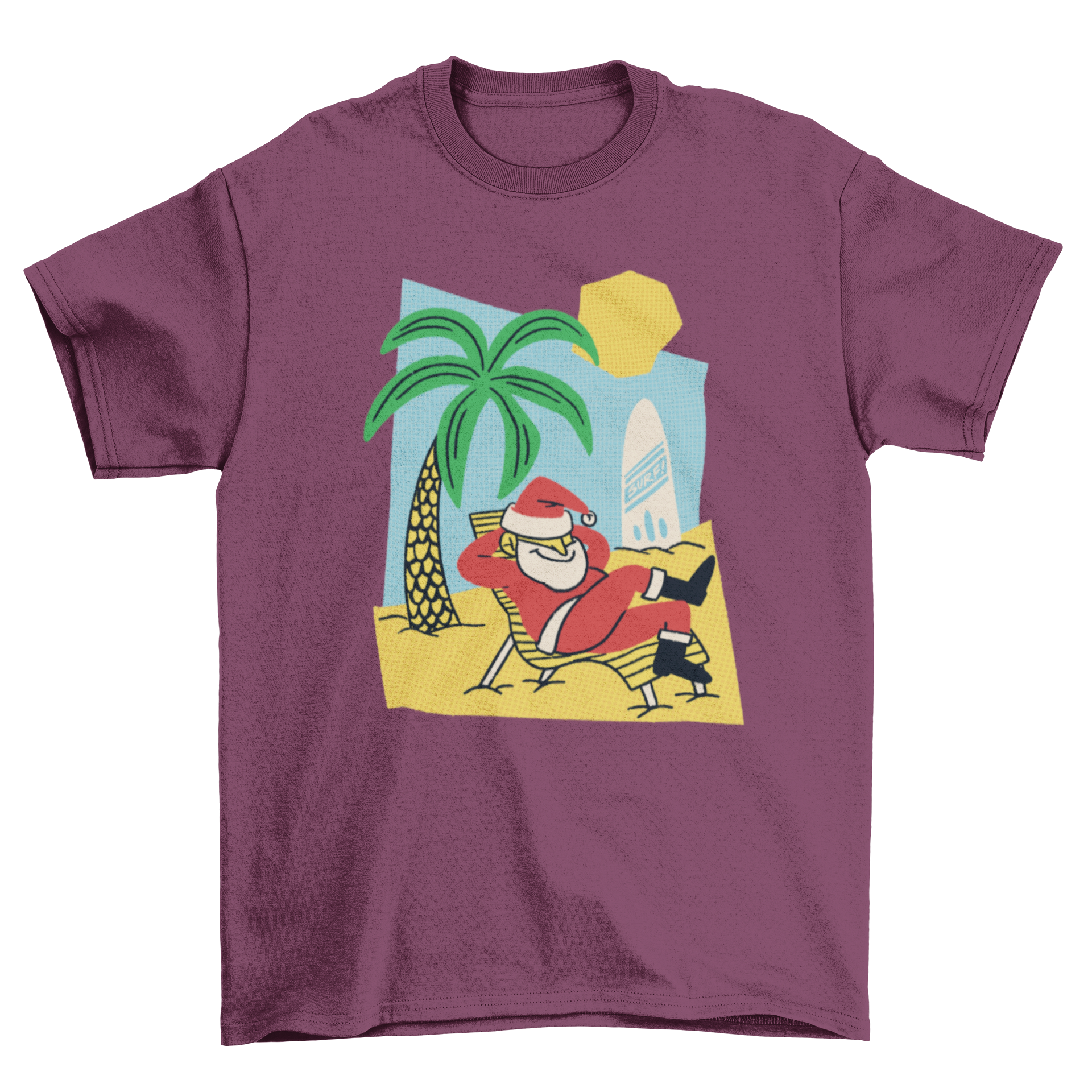 A vibrant t-shirt featuring Santa Claus relaxing on a beach, perfect for summer holidays.