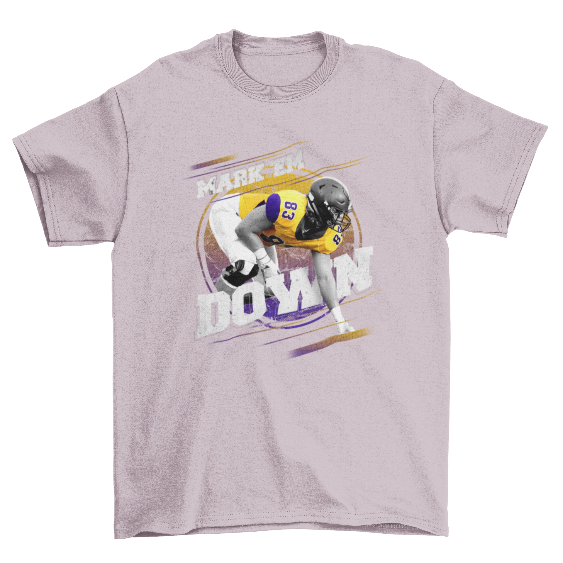 Great Hobby Quarterback t-shirt featuring a football player graphic and motivational quote 'Mark 'em down'.