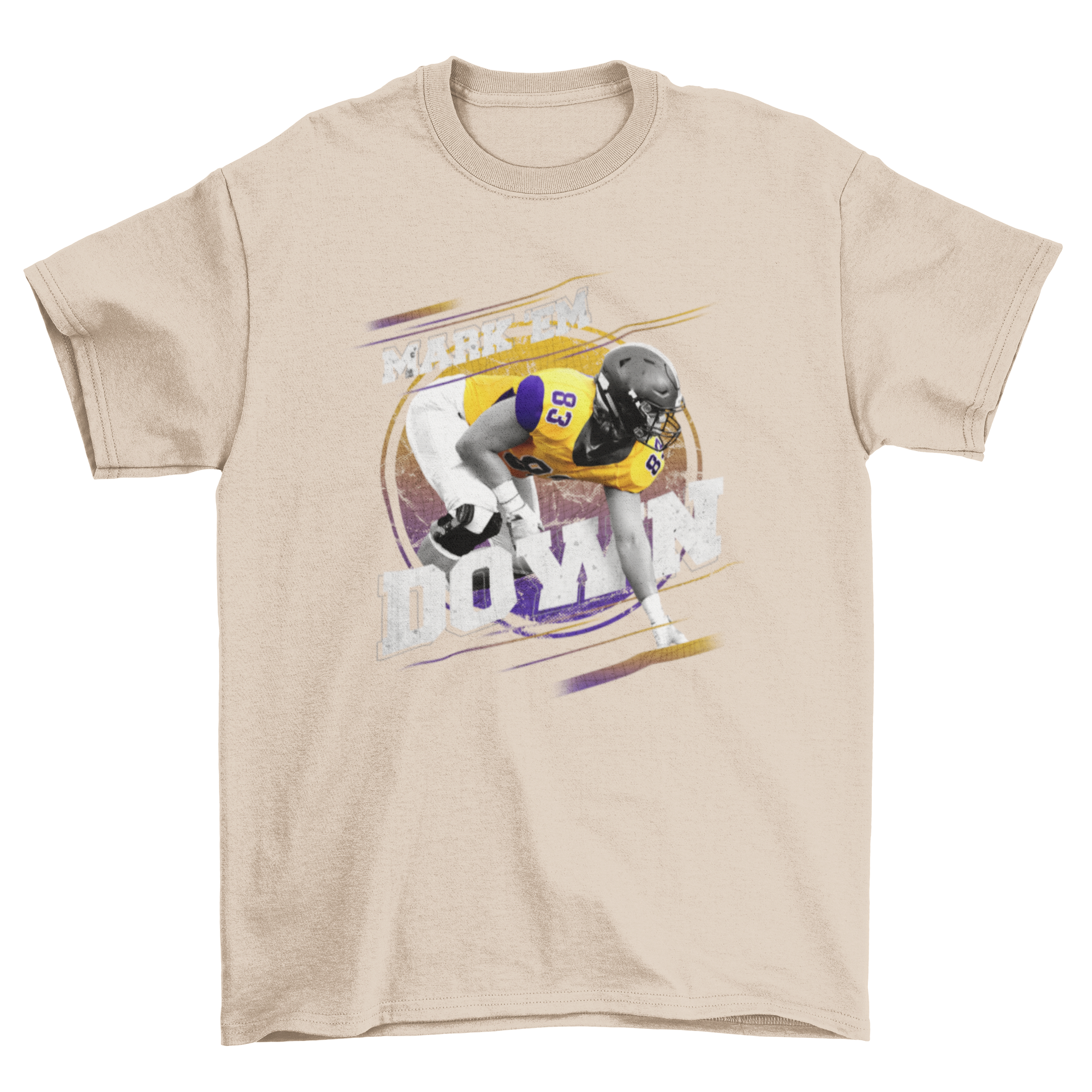 Great Hobby Quarterback t-shirt featuring a football player graphic and motivational quote 'Mark 'em down'.