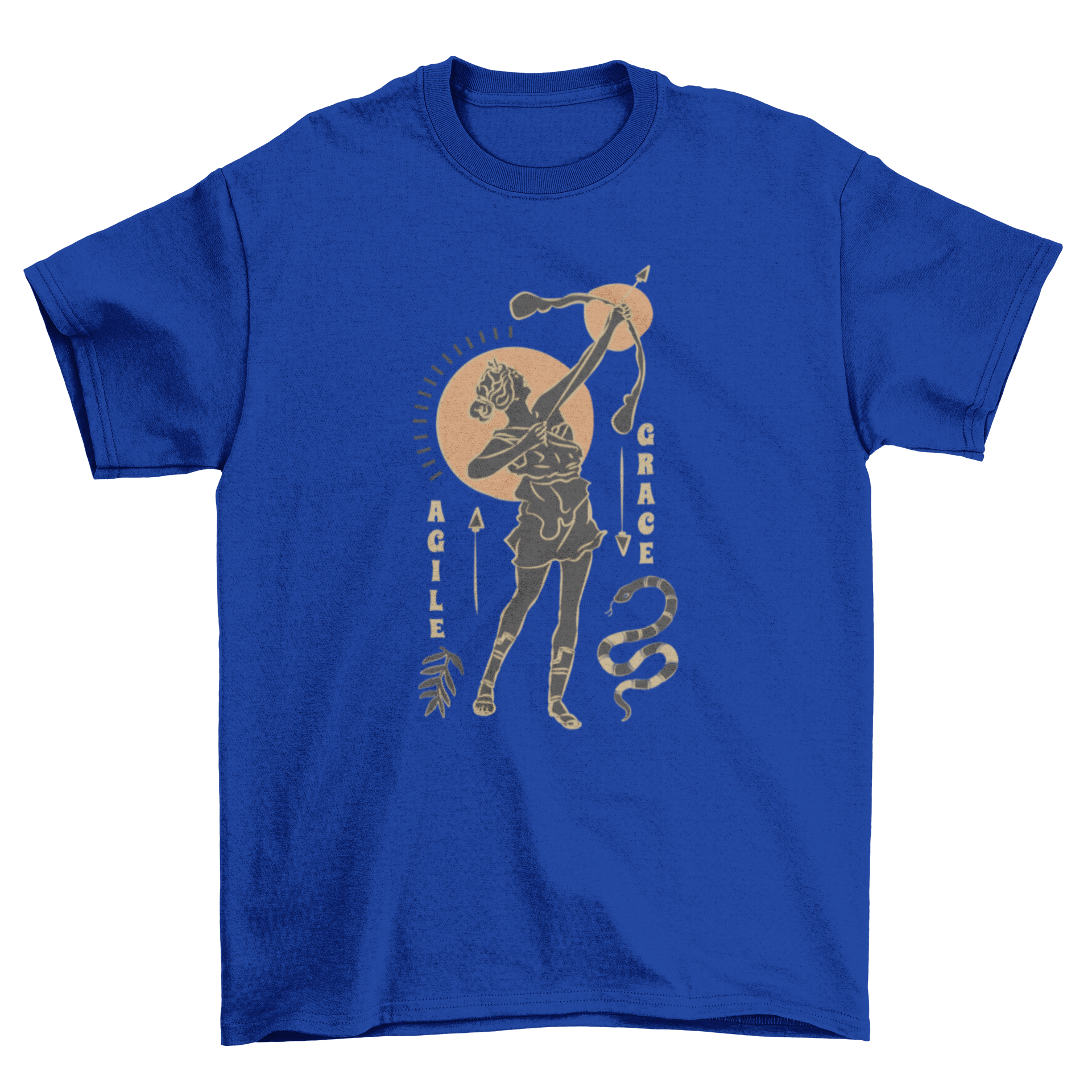 A stylish t-shirt featuring a Greco Roman archer girl design with the quote 'Agile, grace'.