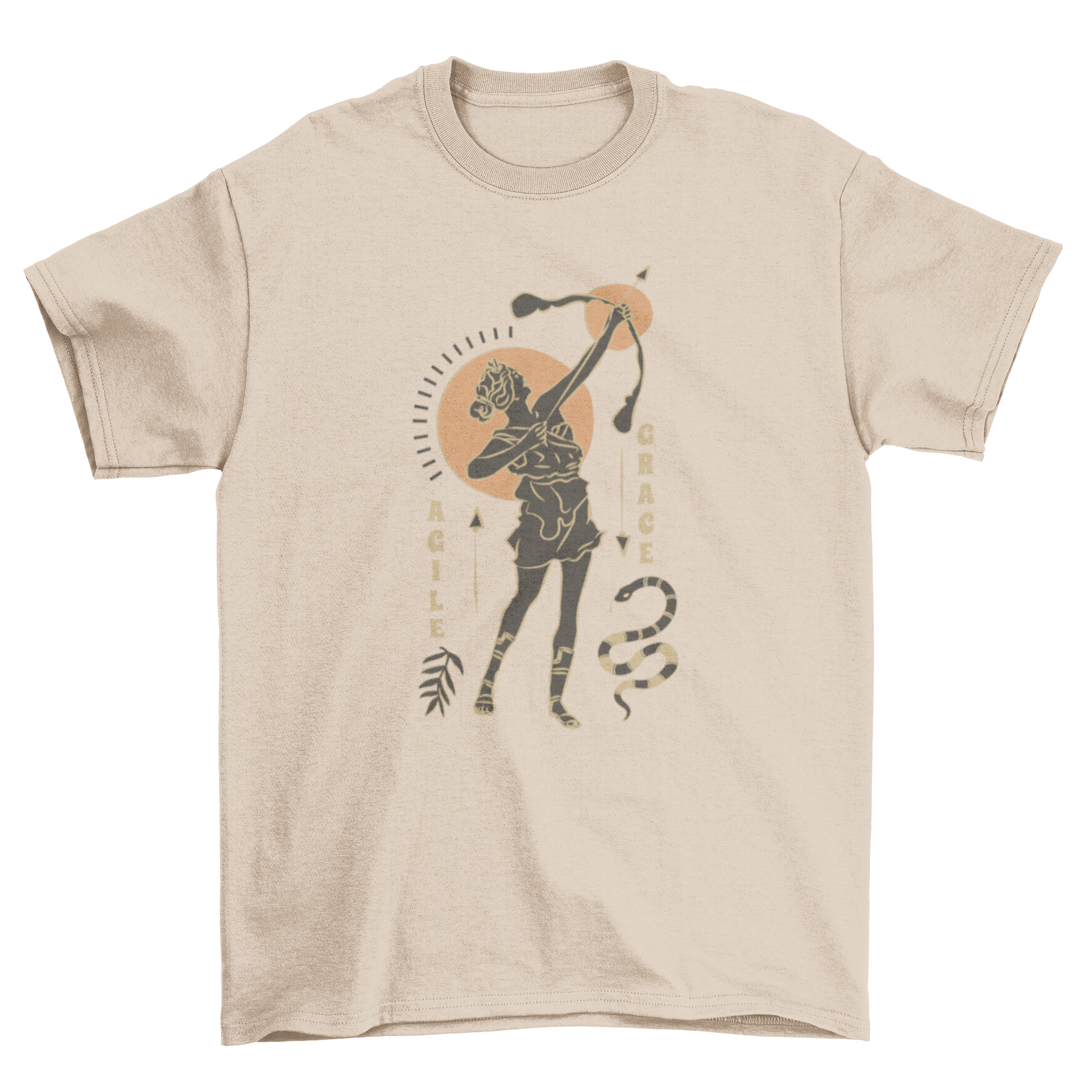 A stylish t-shirt featuring a Greco Roman archer girl design with the quote 'Agile, grace'.