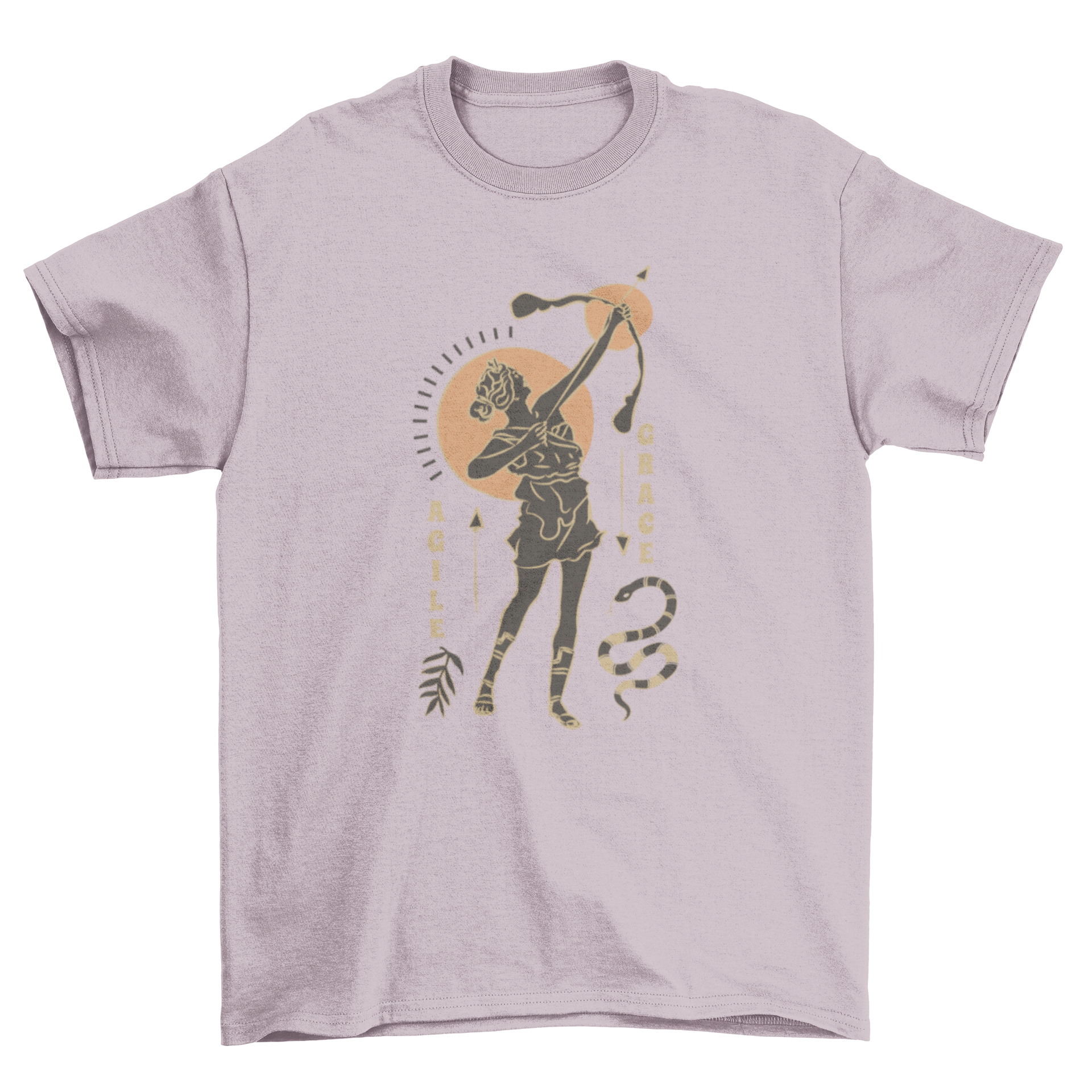 A stylish t-shirt featuring a Greco Roman archer girl design with the quote 'Agile, grace'.