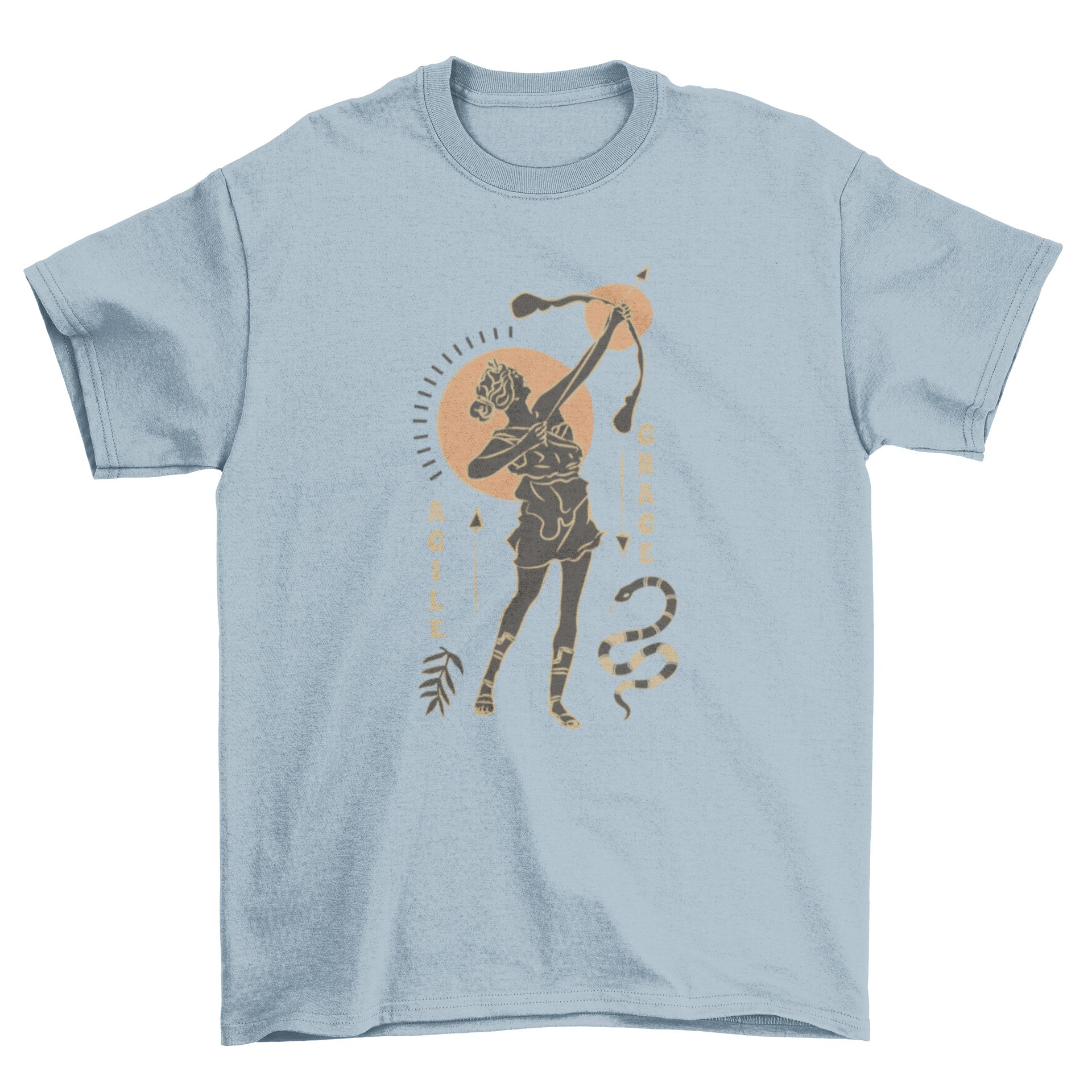 A stylish t-shirt featuring a Greco Roman archer girl design with the quote 'Agile, grace'.