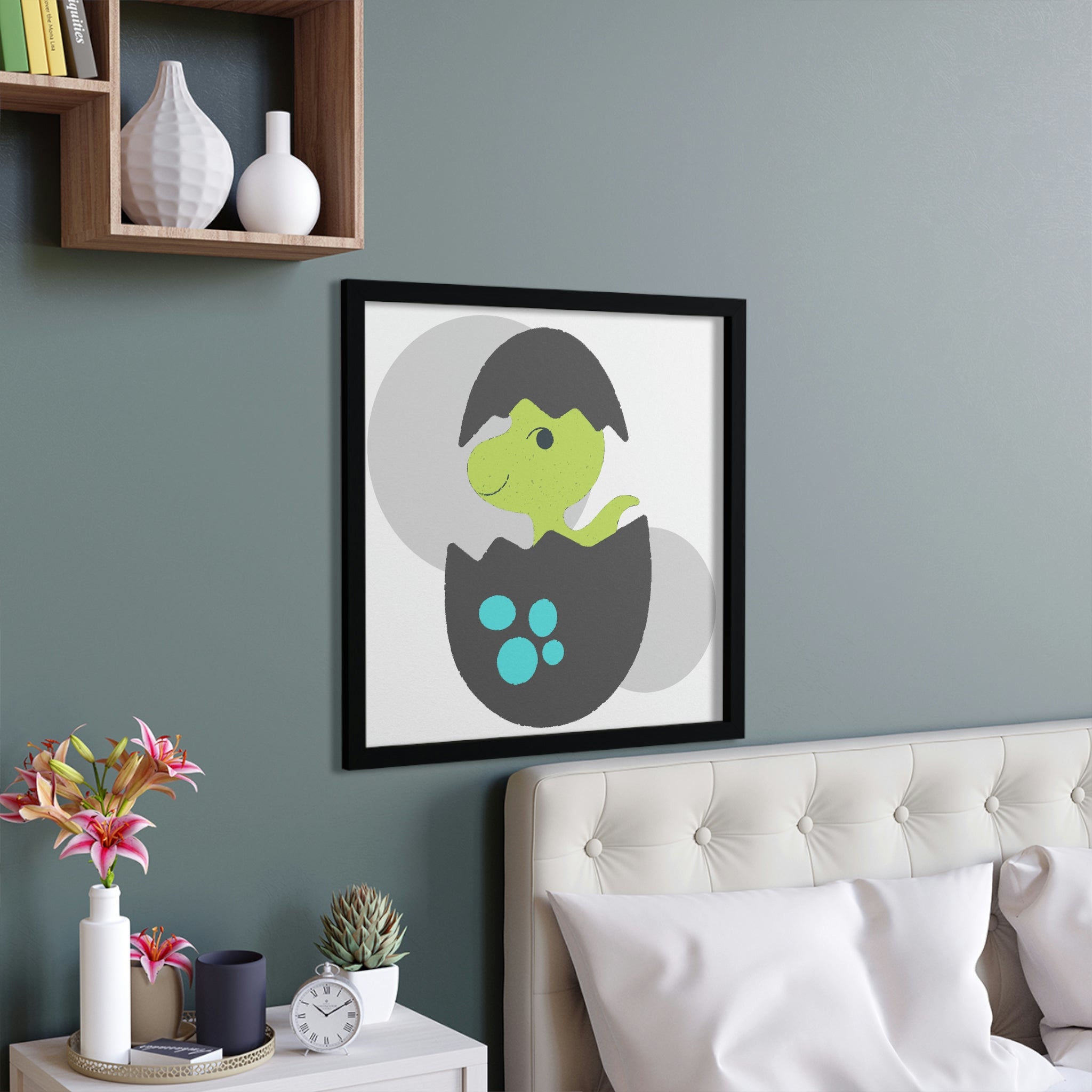 Framed poster featuring a green and grey dinosaur egg design, elegantly displayed in a hand-crafted wooden frame.