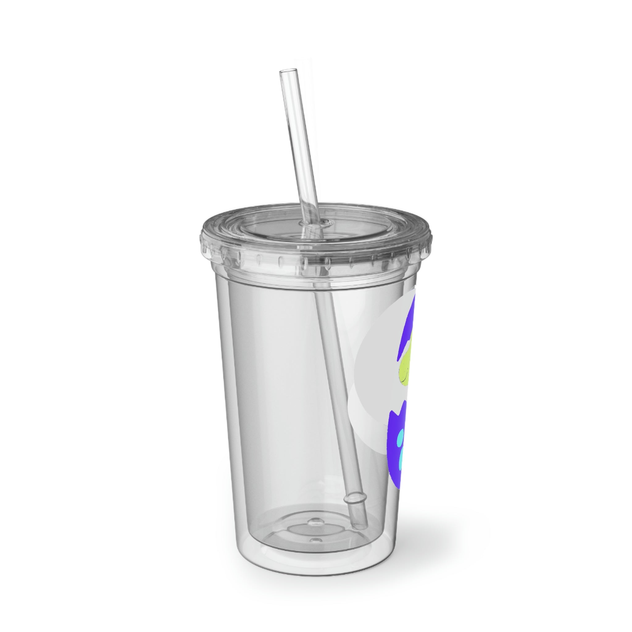 A vibrant green and purple dinosaur egg acrylic cup with a straw, showcasing a playful design perfect for beverages.