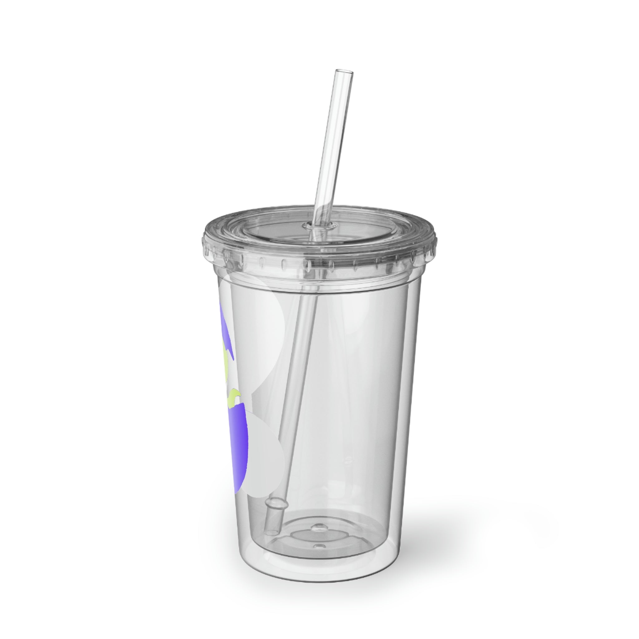 A vibrant green and purple dinosaur egg acrylic cup with a straw, showcasing a playful design perfect for beverages.