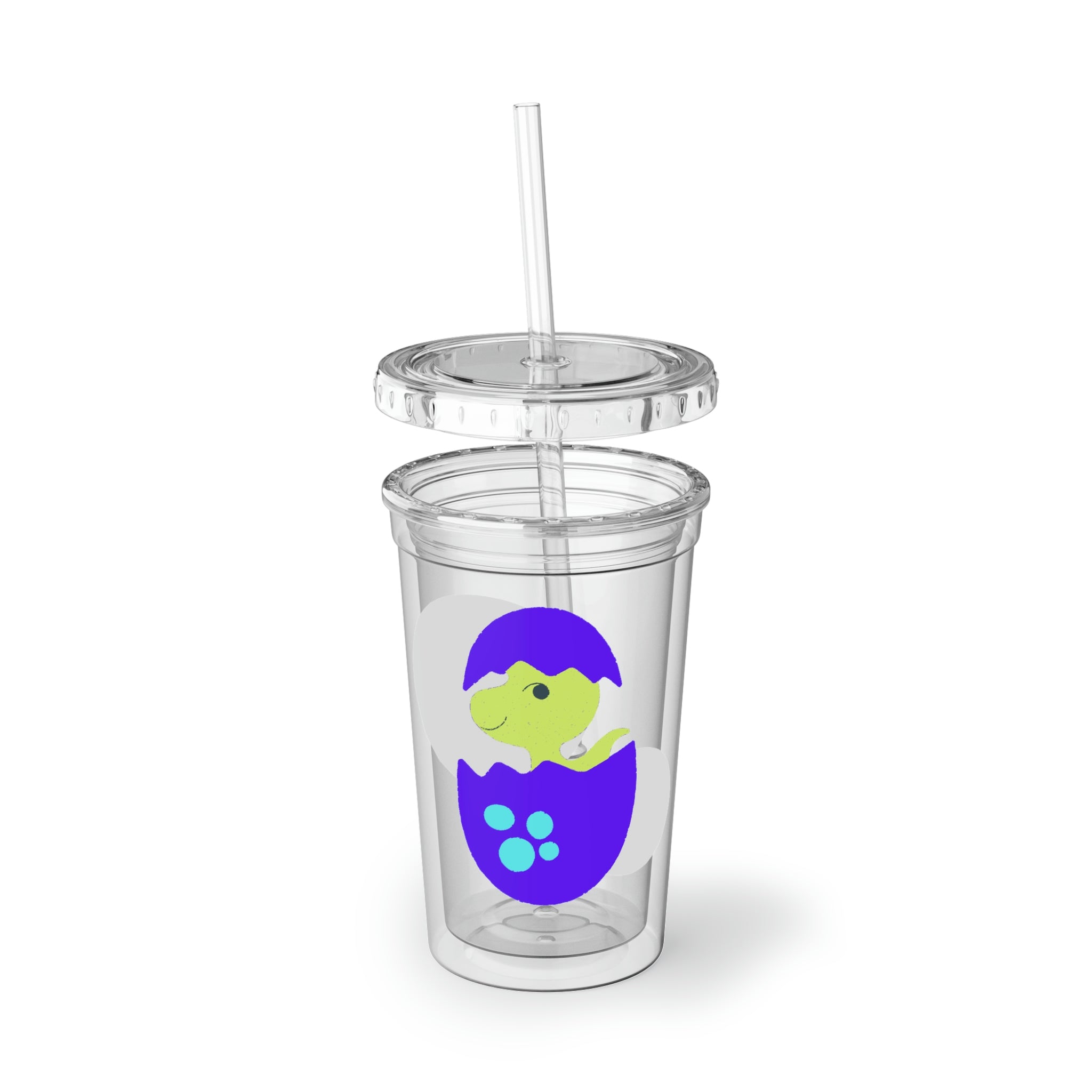 A vibrant green and purple dinosaur egg acrylic cup with a straw, showcasing a playful design perfect for beverages.