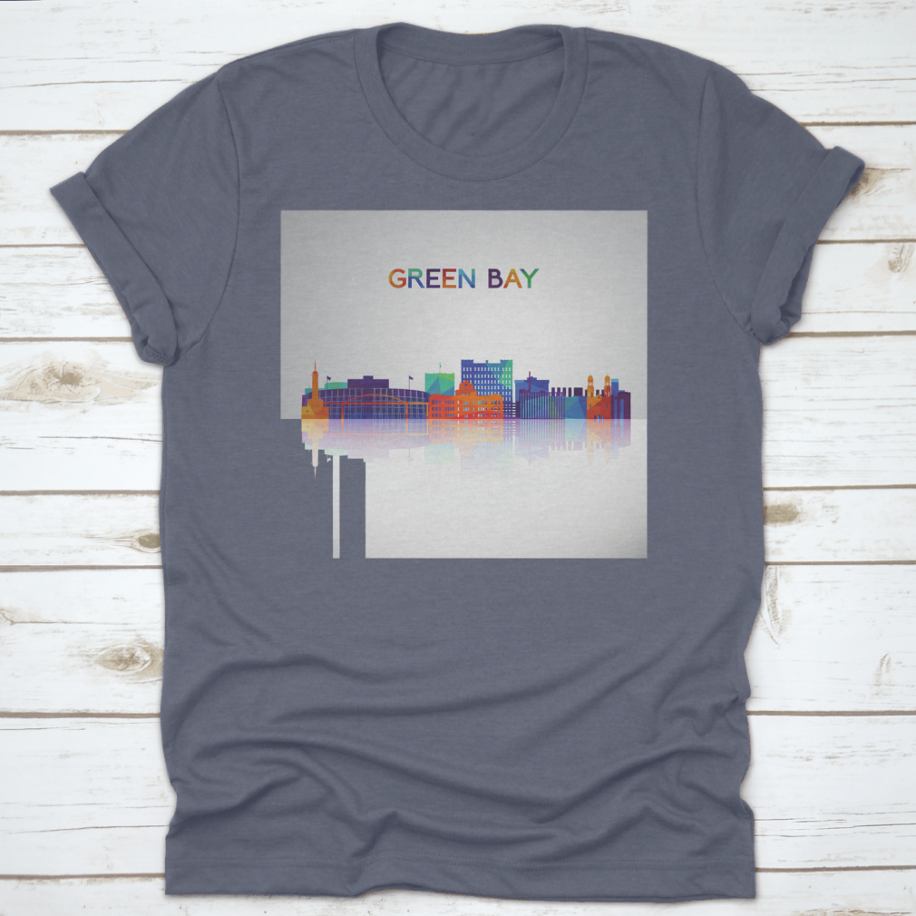 Colorful geometric style silhouette of the Green Bay skyline on a cotton shirt, showcasing vibrant colors and modern design.