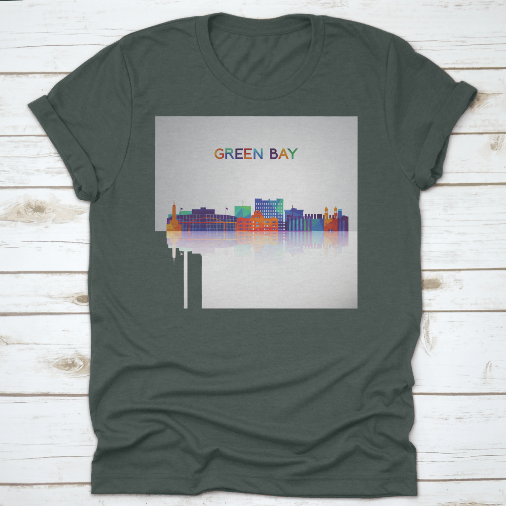 Colorful geometric style silhouette of the Green Bay skyline on a cotton shirt, showcasing vibrant colors and modern design.