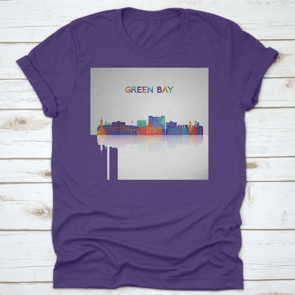 Colorful geometric style silhouette of the Green Bay skyline on a cotton shirt, showcasing vibrant colors and modern design.