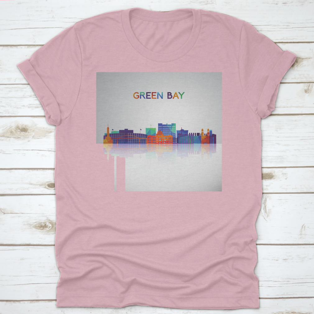 Colorful geometric style silhouette of the Green Bay skyline on a cotton shirt, showcasing vibrant colors and modern design.