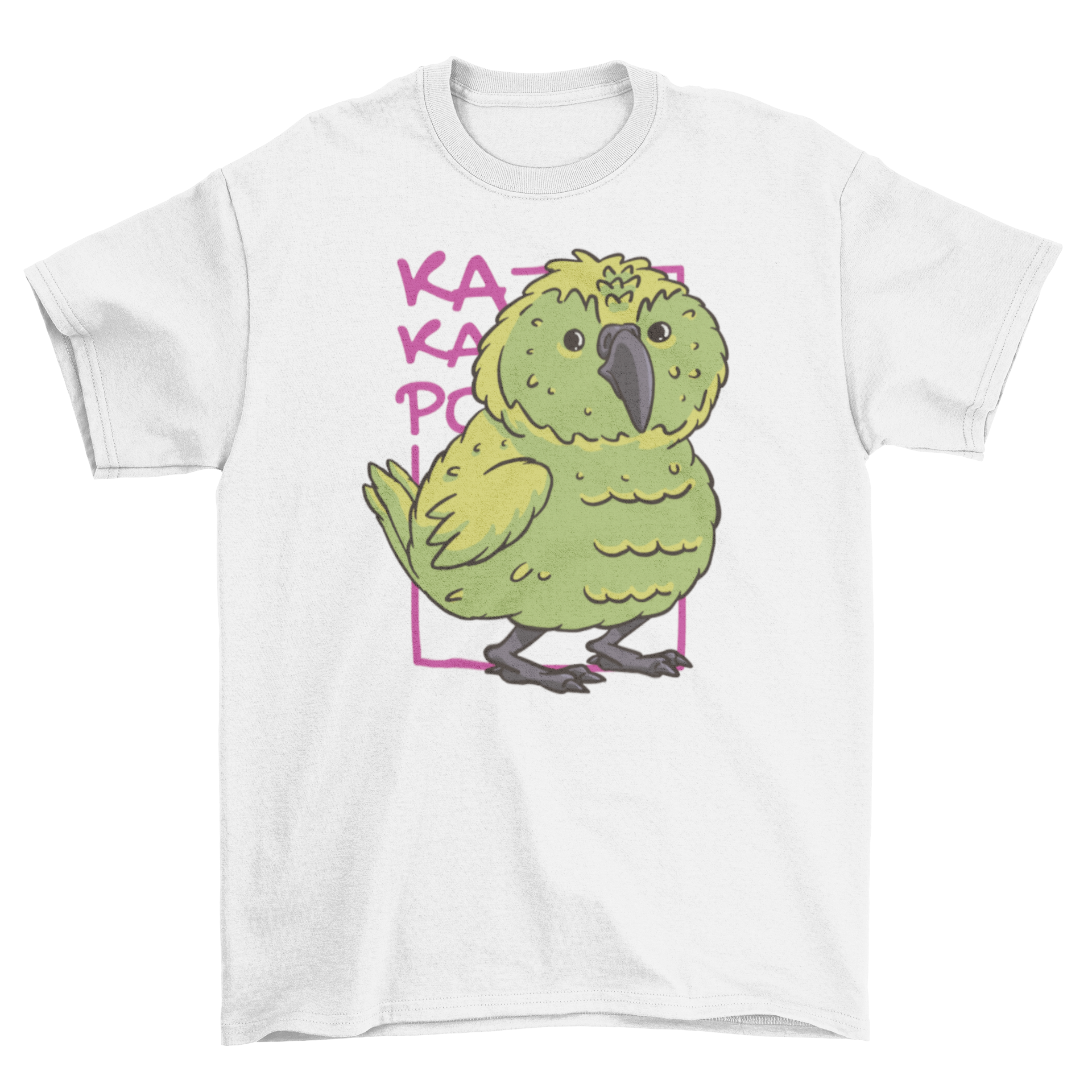 A vibrant green cartoon bird printed on a stylish t-shirt, showcasing a playful design.