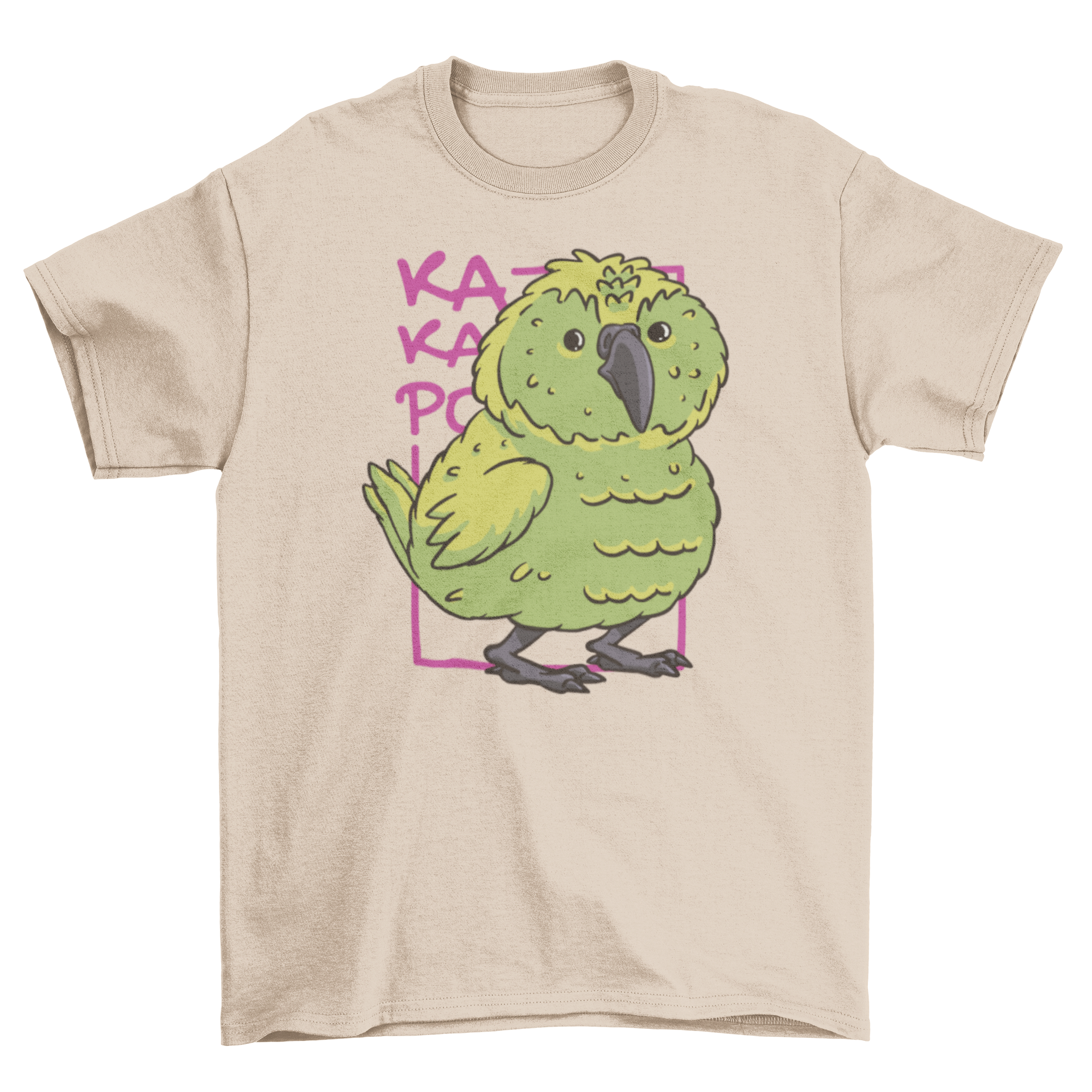 A vibrant green cartoon bird printed on a stylish t-shirt, showcasing a playful design.