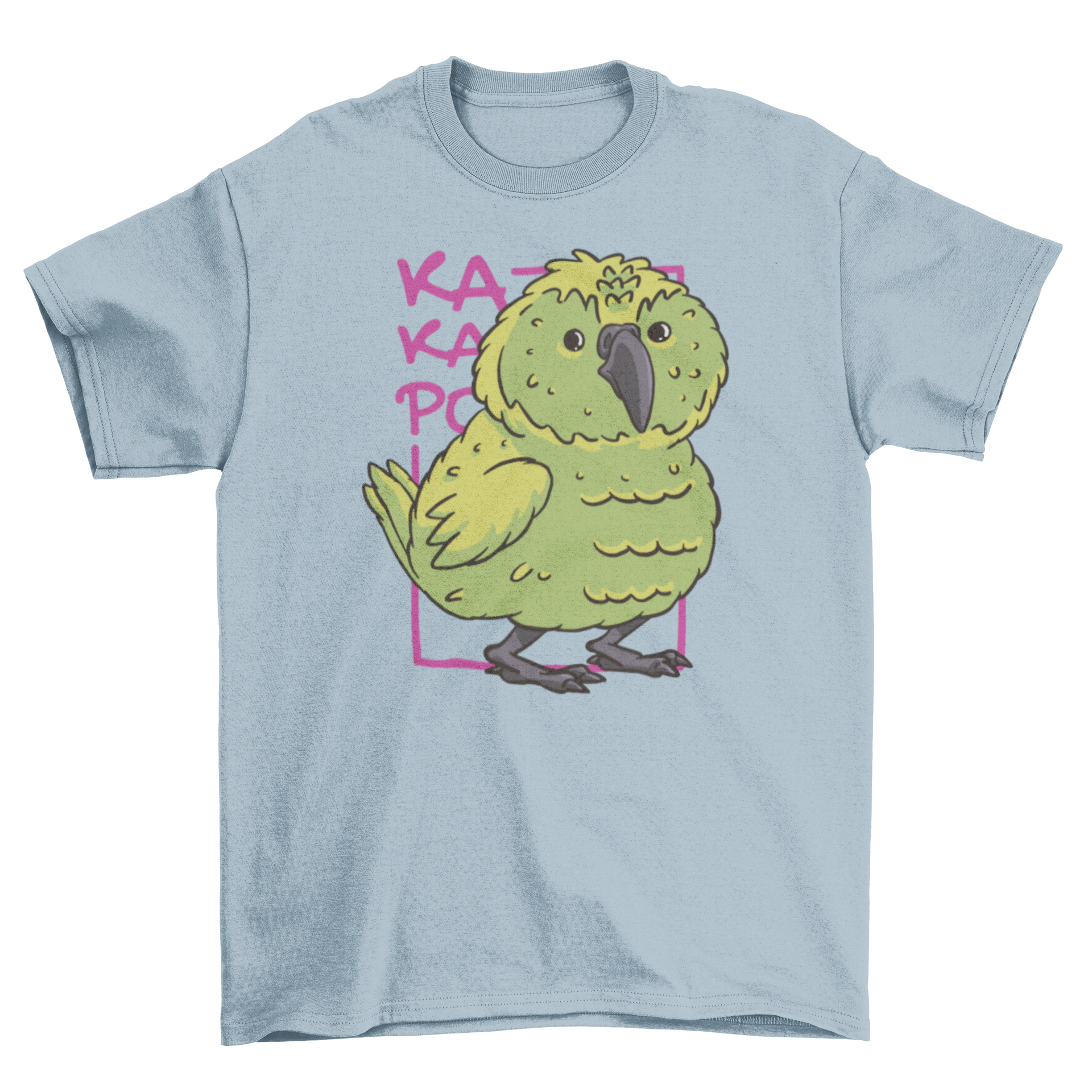 A vibrant green cartoon bird printed on a stylish t-shirt, showcasing a playful design.