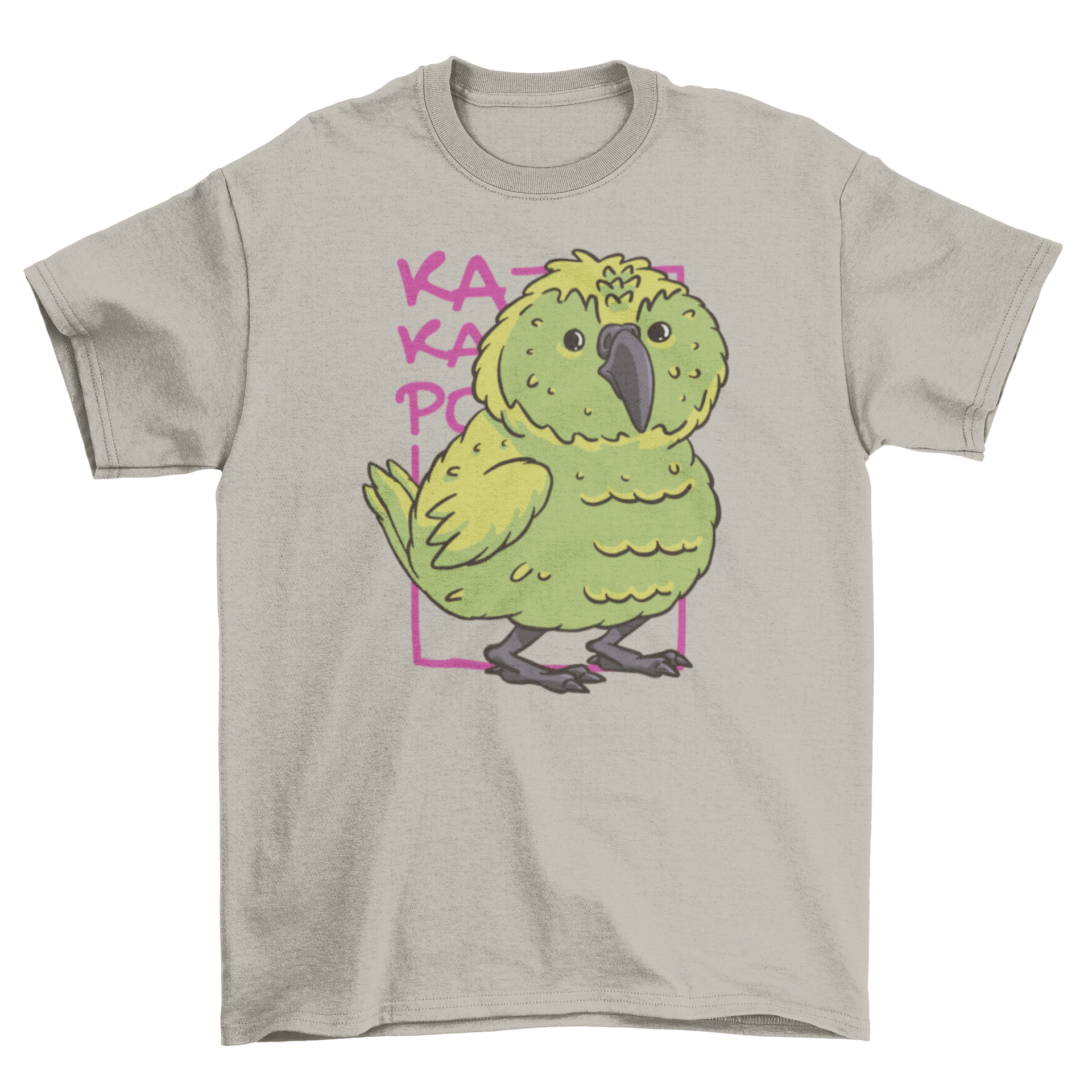 A vibrant green cartoon bird printed on a stylish t-shirt, showcasing a playful design.