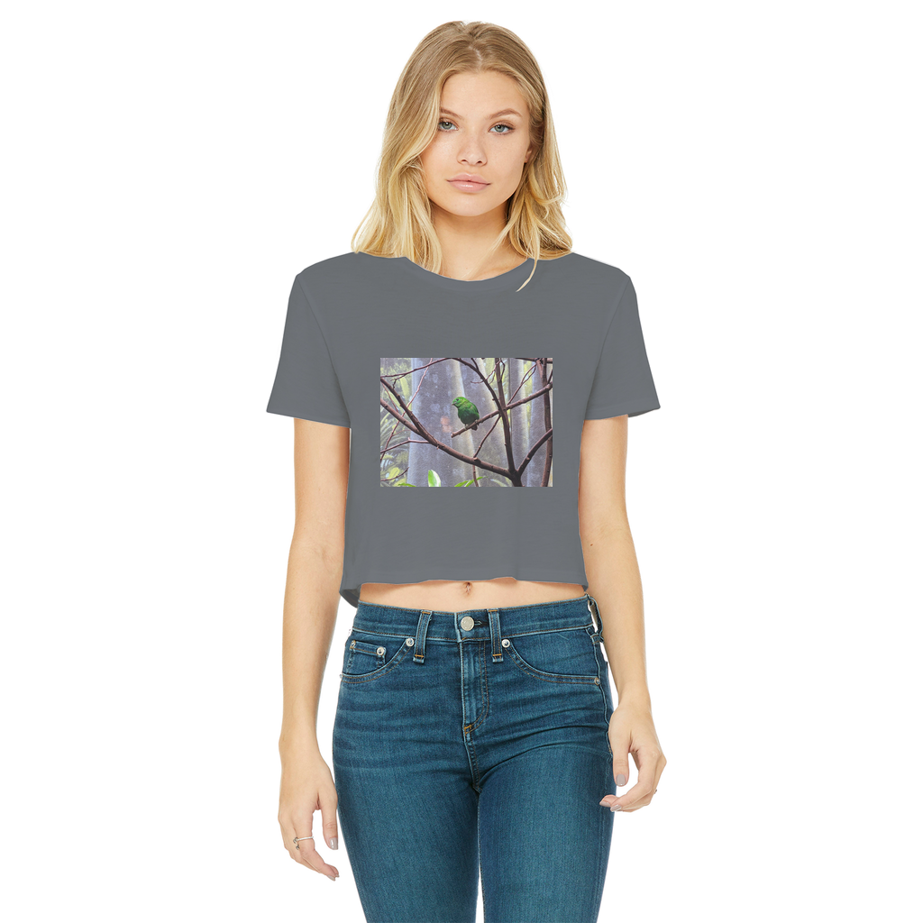 Green Bird Classic Women's Cropped Raw Edge T-Shirt featuring a round neck, short sleeves, and a stylish raw edge cut hem.