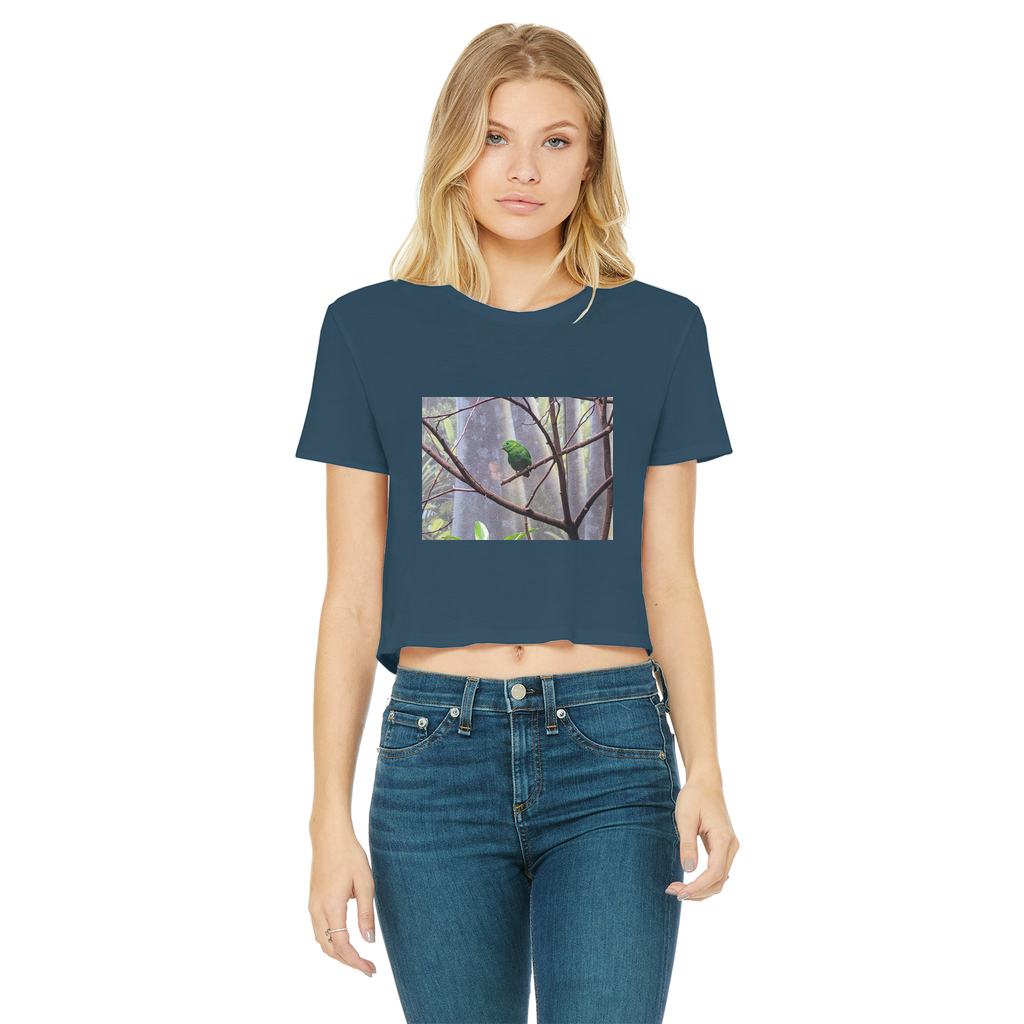 Green Bird Classic Women's Cropped Raw Edge T-Shirt featuring a round neck, short sleeves, and a stylish raw edge cut hem.