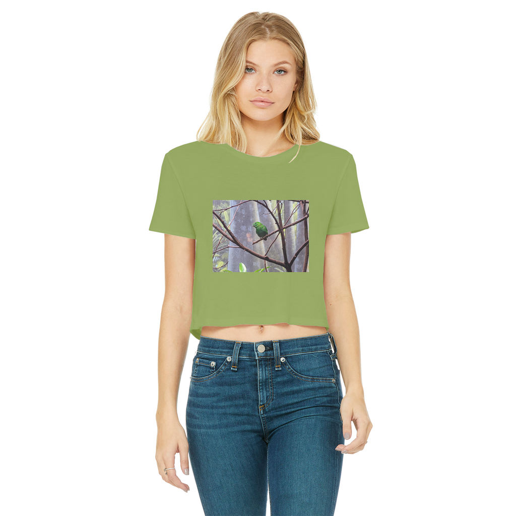 Green Bird Classic Women's Cropped Raw Edge T-Shirt featuring a round neck, short sleeves, and a stylish raw edge cut hem.