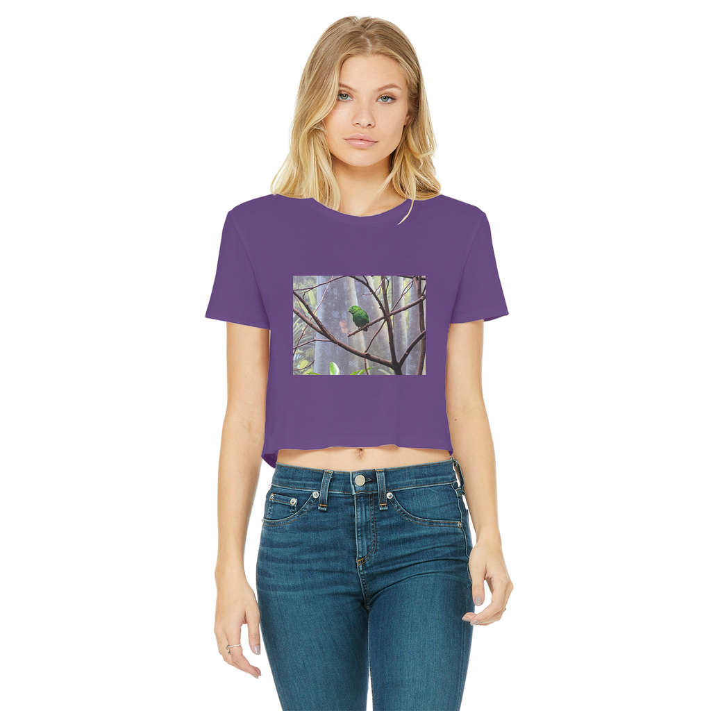 Green Bird Classic Women's Cropped Raw Edge T-Shirt featuring a round neck, short sleeves, and a stylish raw edge cut hem.