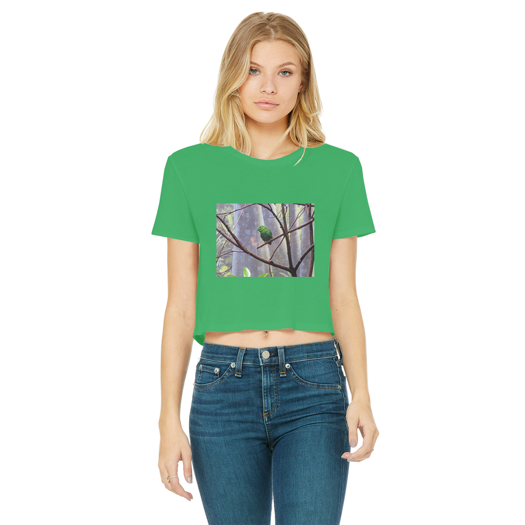 Green Bird Classic Women's Cropped Raw Edge T-Shirt featuring a round neck, short sleeves, and a stylish raw edge cut hem.