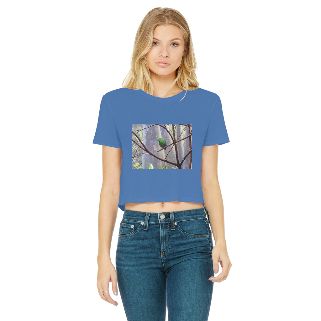 Green Bird Classic Women's Cropped Raw Edge T-Shirt featuring a round neck, short sleeves, and a stylish raw edge cut hem.