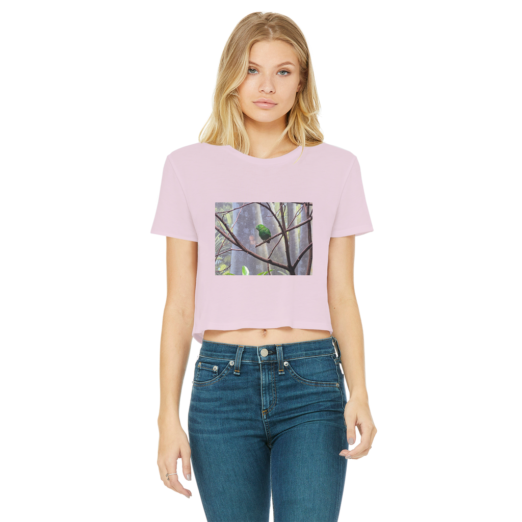 Green Bird Classic Women's Cropped Raw Edge T-Shirt featuring a round neck, short sleeves, and a stylish raw edge cut hem.
