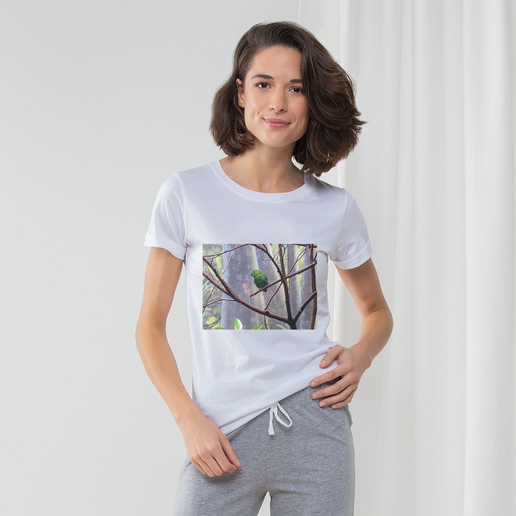 Green Bird Women's Long Pant Pyjama Set featuring a white t-shirt with turn-up cuffs and striped pants in heather grey or light pink.