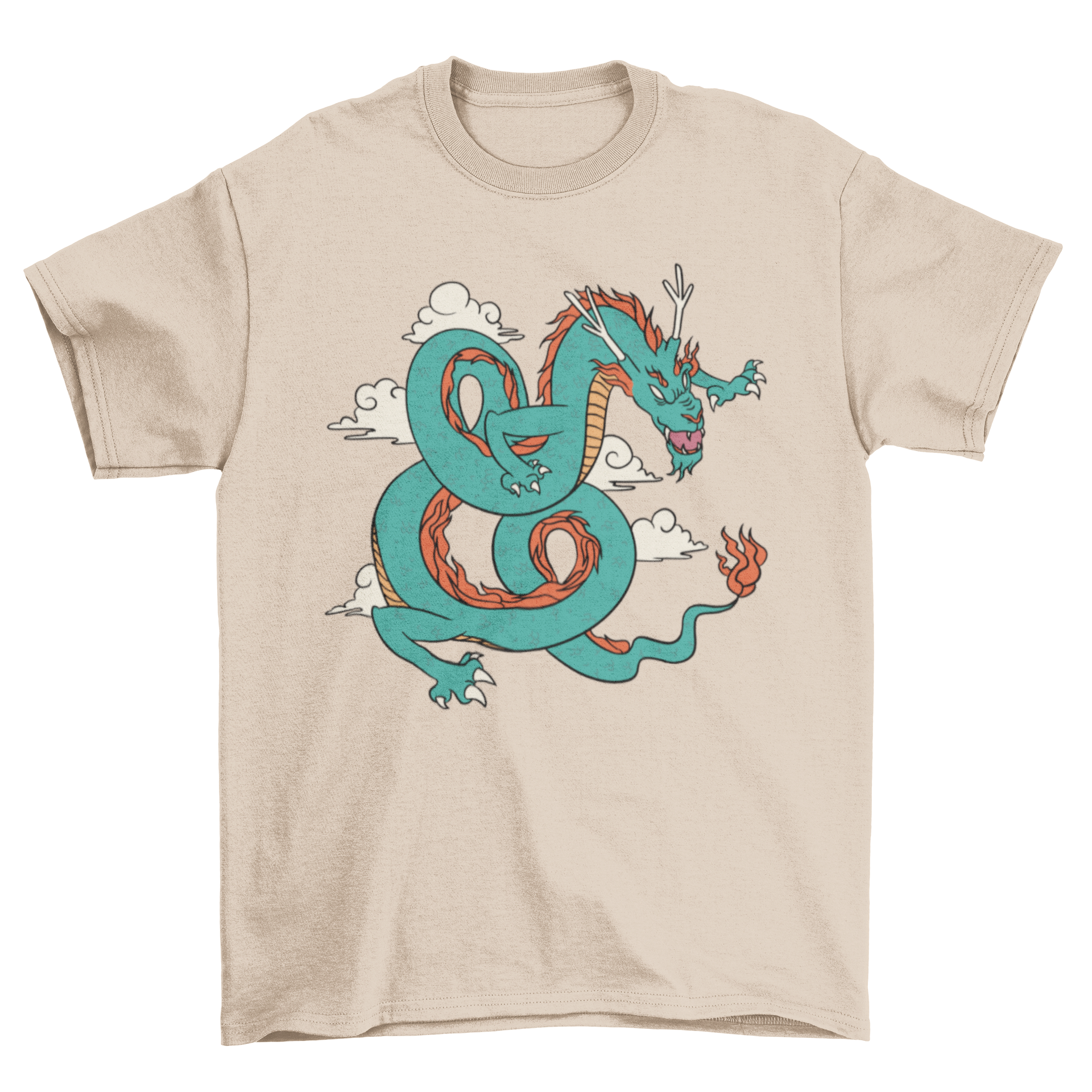 A vibrant green t-shirt featuring an intricate illustration of a Chinese dragon, showcasing its detailed scales and fierce expression.