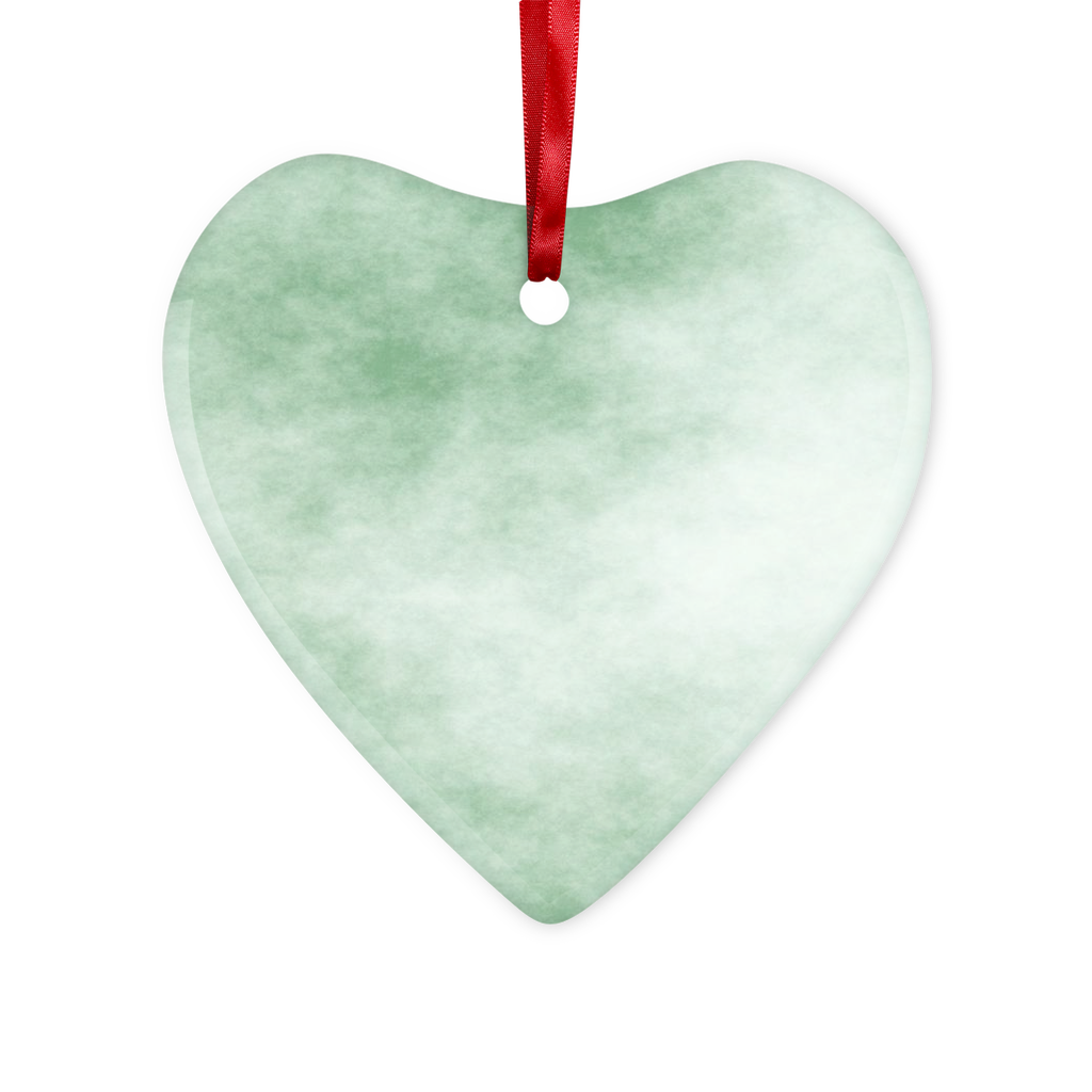 A beautiful Green Cloud Glass Hanging Ornament in round and heart shapes, featuring a hole for hanging with a red ribbon and gold string.