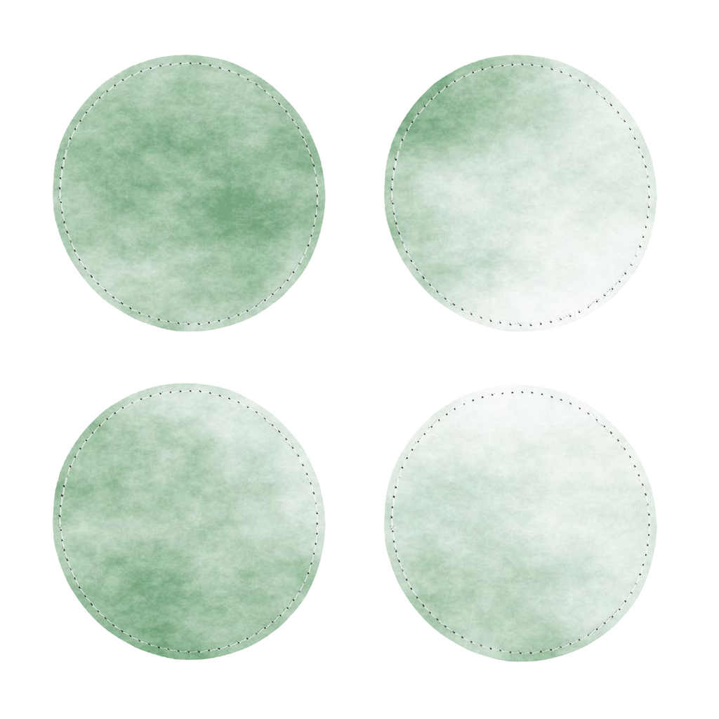 Pack of four Green Cloud Sublimation Coasters made of PU leather, featuring a white printable face and white stitching, designed to protect furniture.