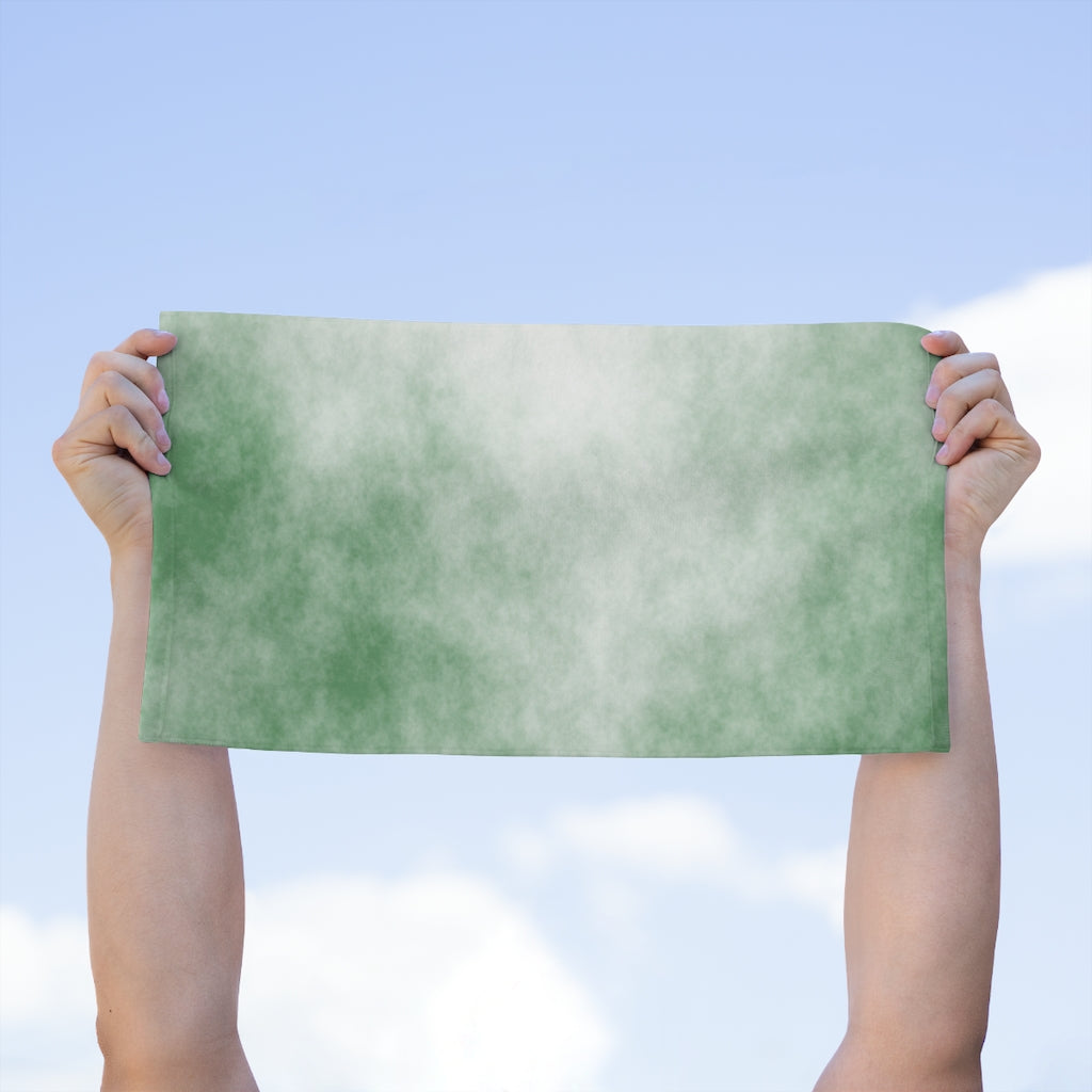 Green Clouds Rally Towel, 11x18 inches, featuring soft cotton and printed polyester, perfect for sports and events.