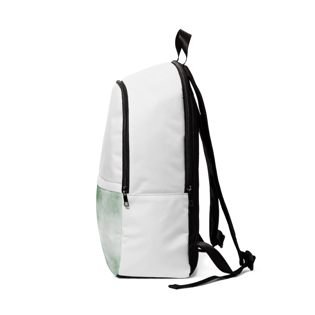 Green Clouds Unisex Fabric Backpack showcasing its stylish design, padded back panel, and adjustable shoulder straps, perfect for school and travel.