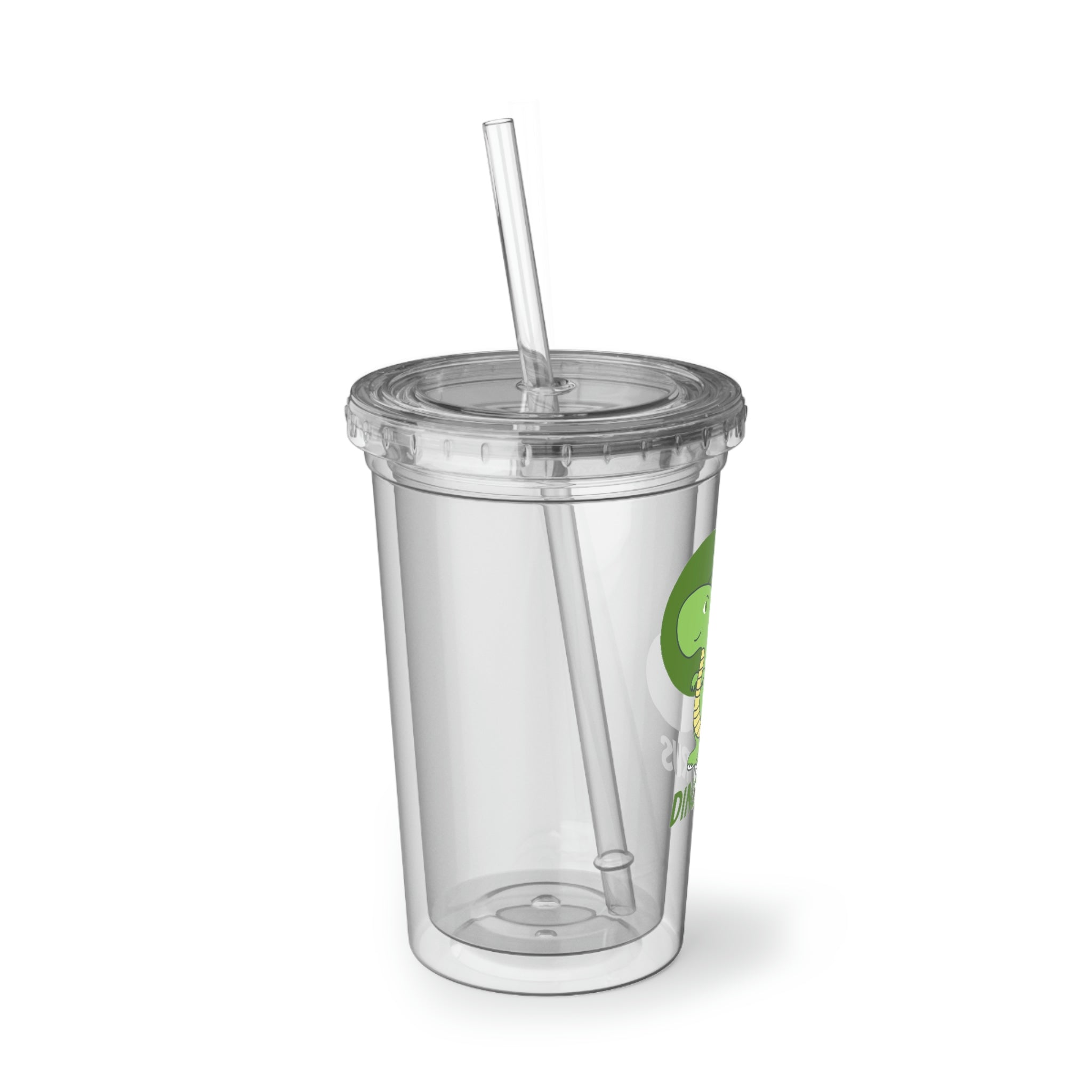 Green Dinosaurus Suave Acrylic Cup with double-wall insulation, featuring a vibrant dinosaur design, plastic lid, and straw.
