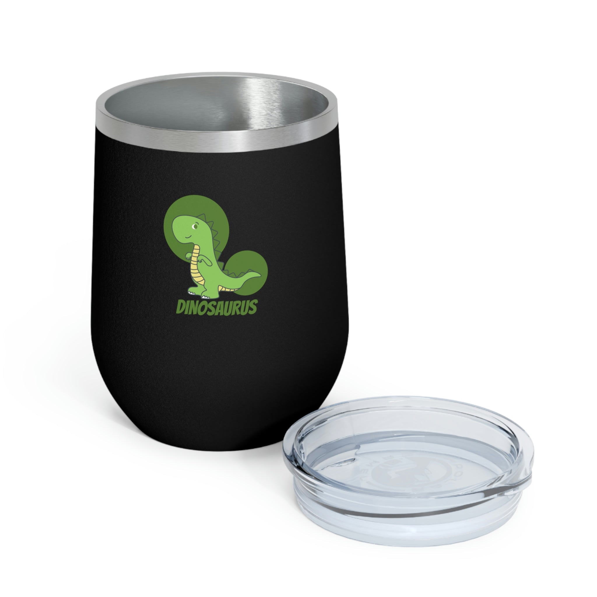 Green Dinosaurus Wine Tumbler with double insulation and clear lid, perfect for hot and cold beverages.