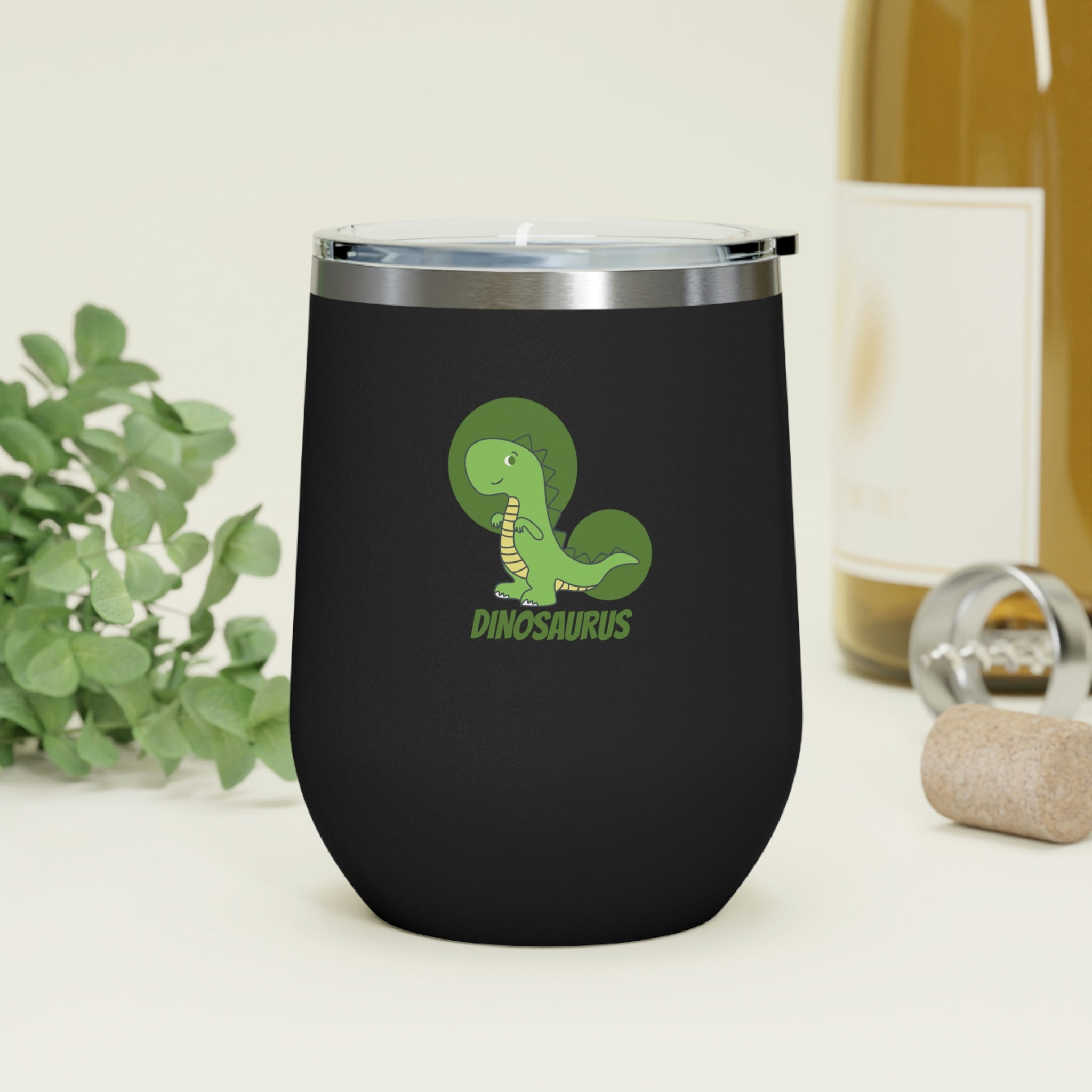 Green Dinosaurus Wine Tumbler with double insulation and clear lid, perfect for hot and cold beverages.