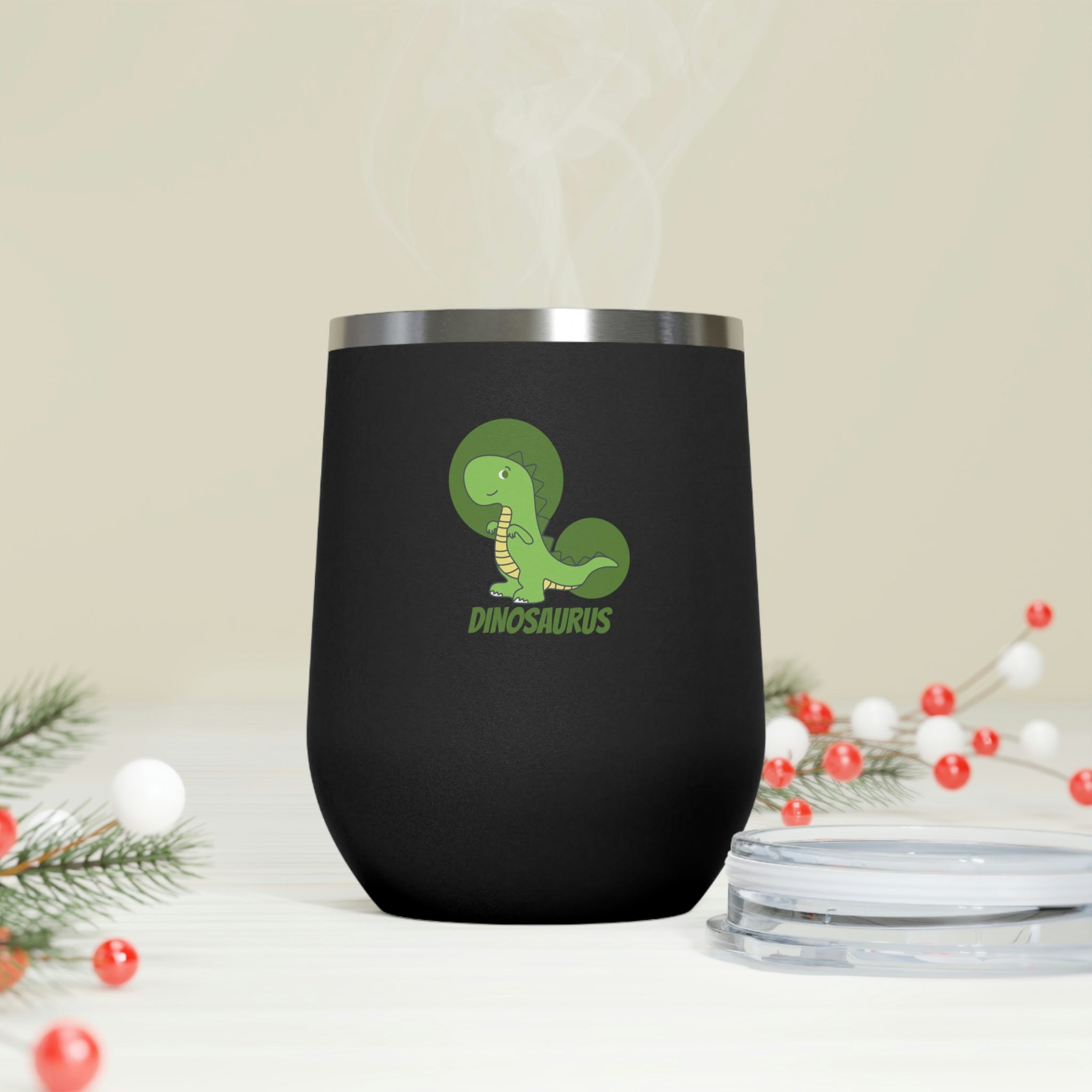Green Dinosaurus Wine Tumbler with double insulation and clear lid, perfect for hot and cold beverages.