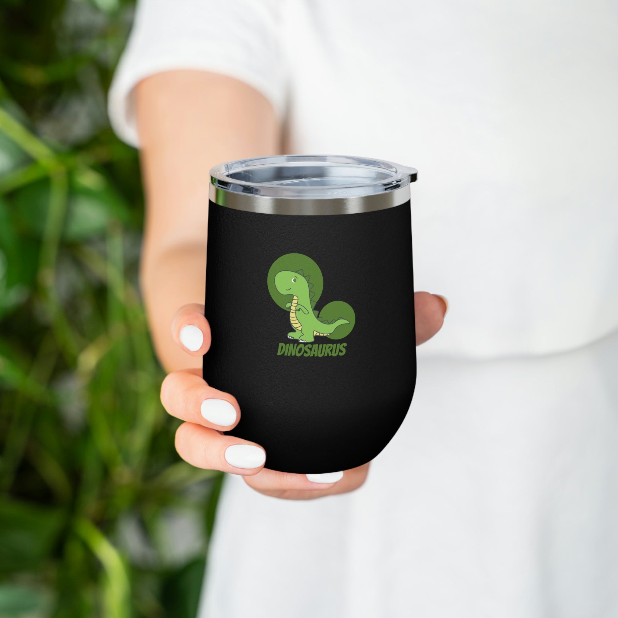 Green Dinosaurus Wine Tumbler with double insulation and clear lid, perfect for hot and cold beverages.