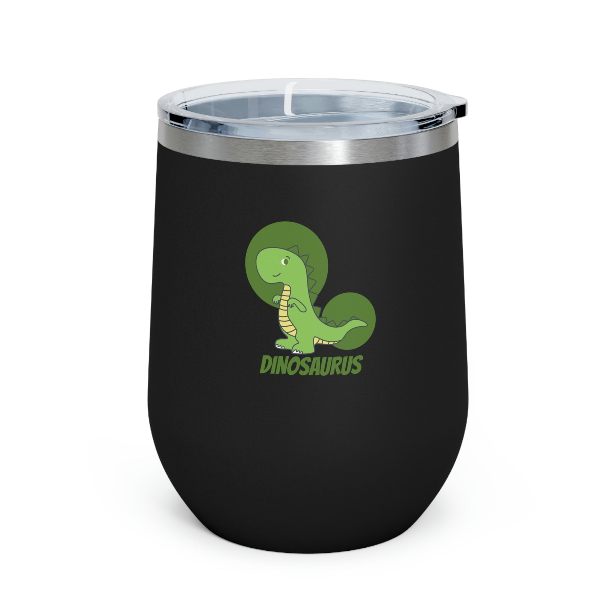 Green Dinosaurus Wine Tumbler with double insulation and clear lid, perfect for hot and cold beverages.
