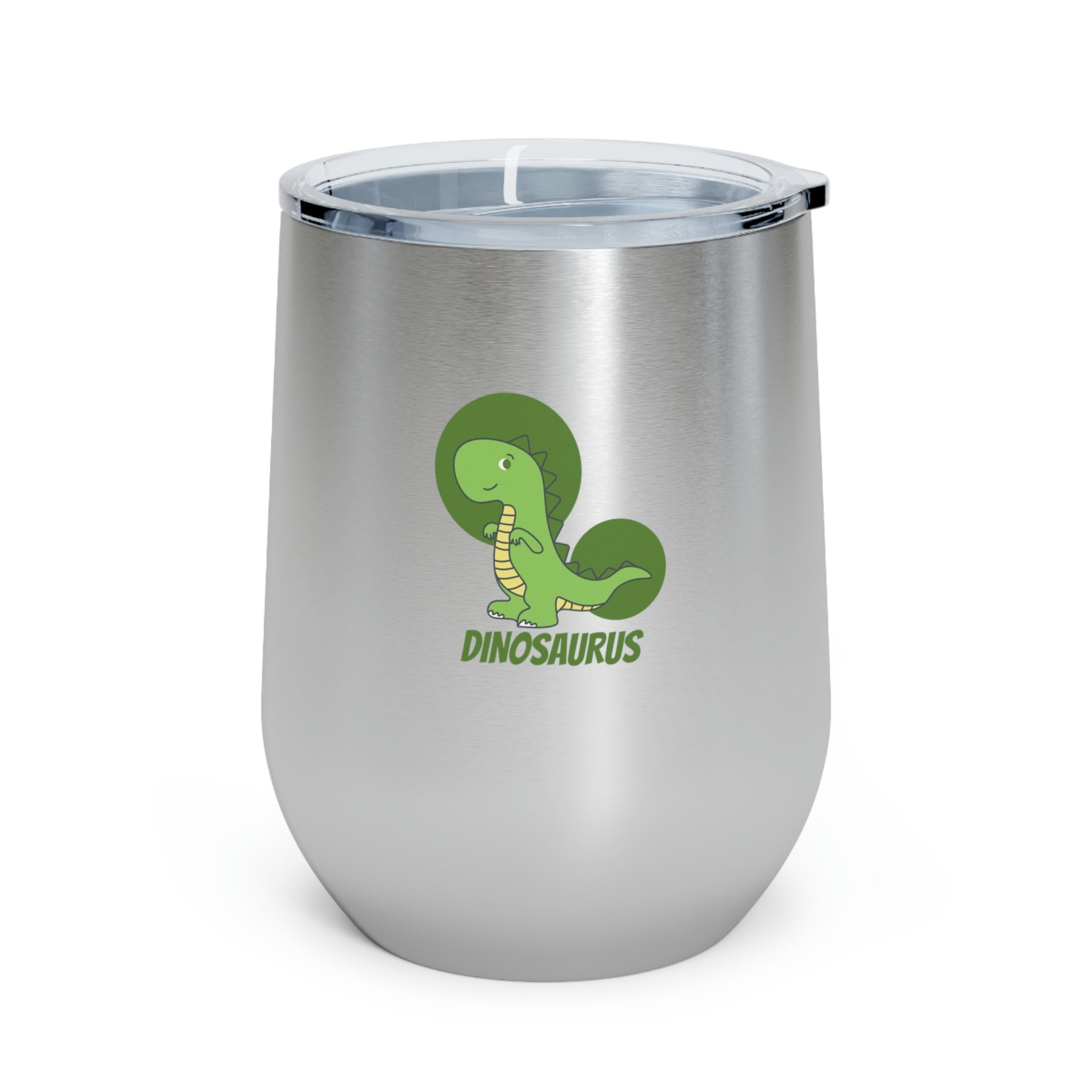 Green Dinosaurus Wine Tumbler with double insulation and clear lid, perfect for hot and cold beverages.