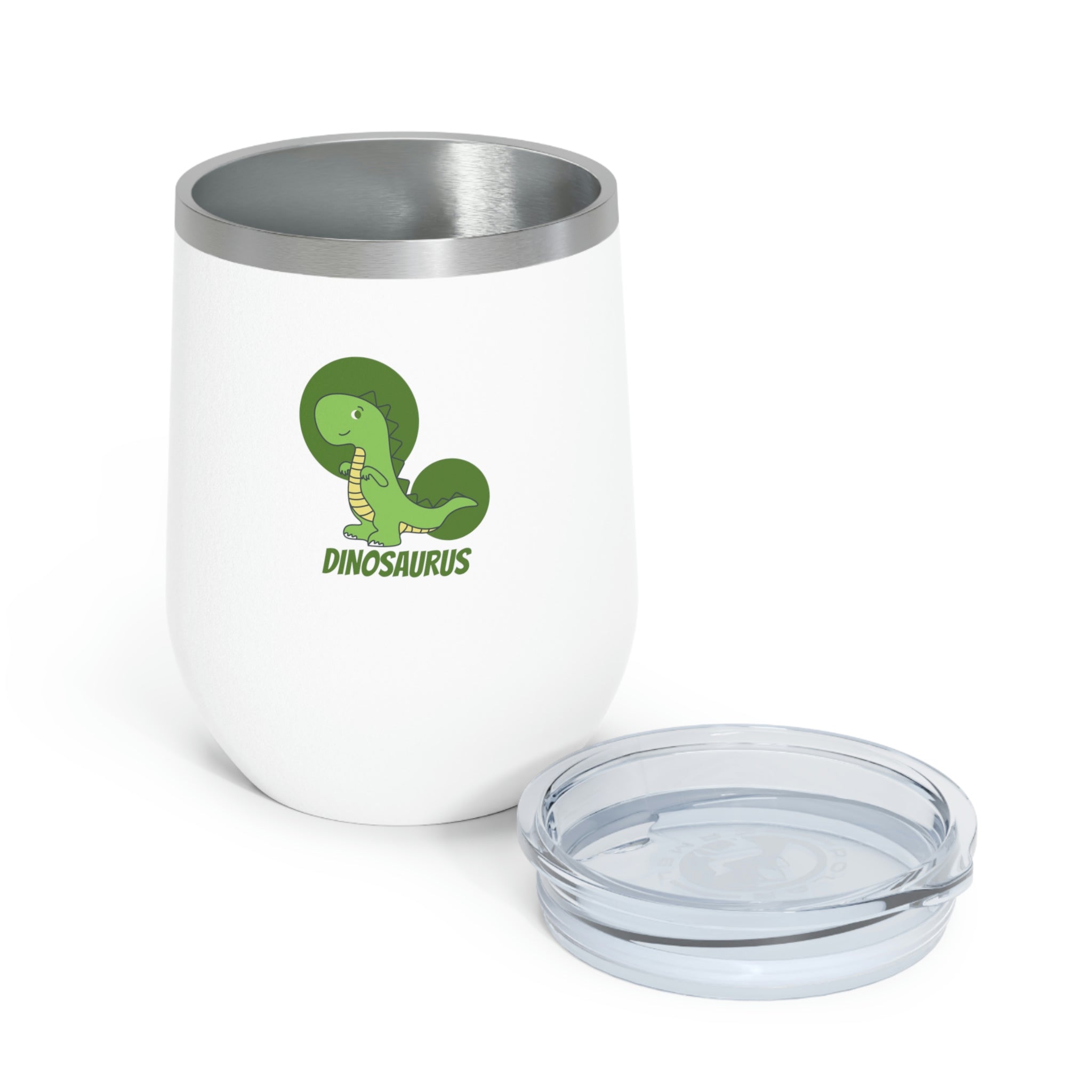 Green Dinosaurus Wine Tumbler with double insulation and clear lid, perfect for hot and cold beverages.