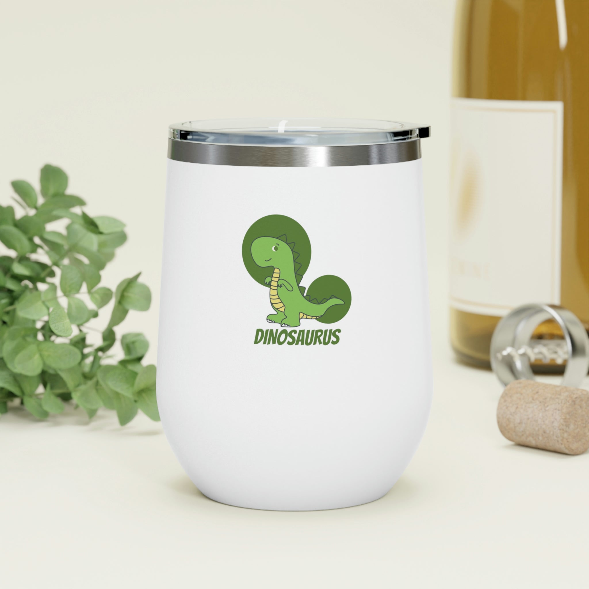 Green Dinosaurus Wine Tumbler with double insulation and clear lid, perfect for hot and cold beverages.