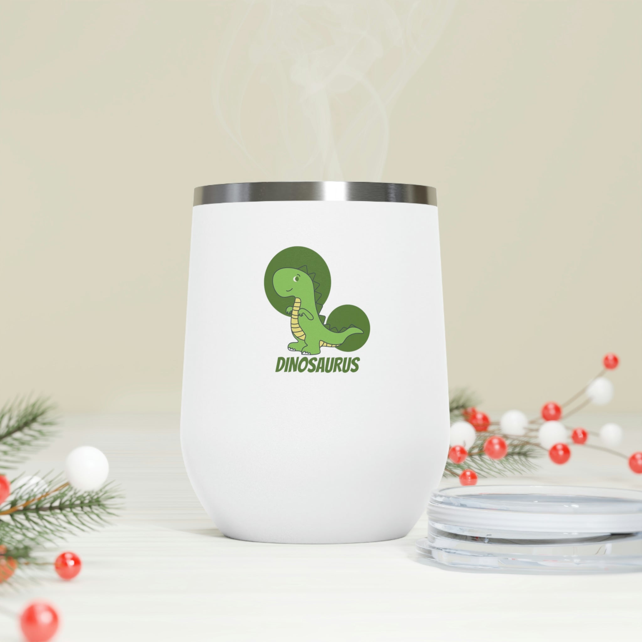 Green Dinosaurus Wine Tumbler with double insulation and clear lid, perfect for hot and cold beverages.