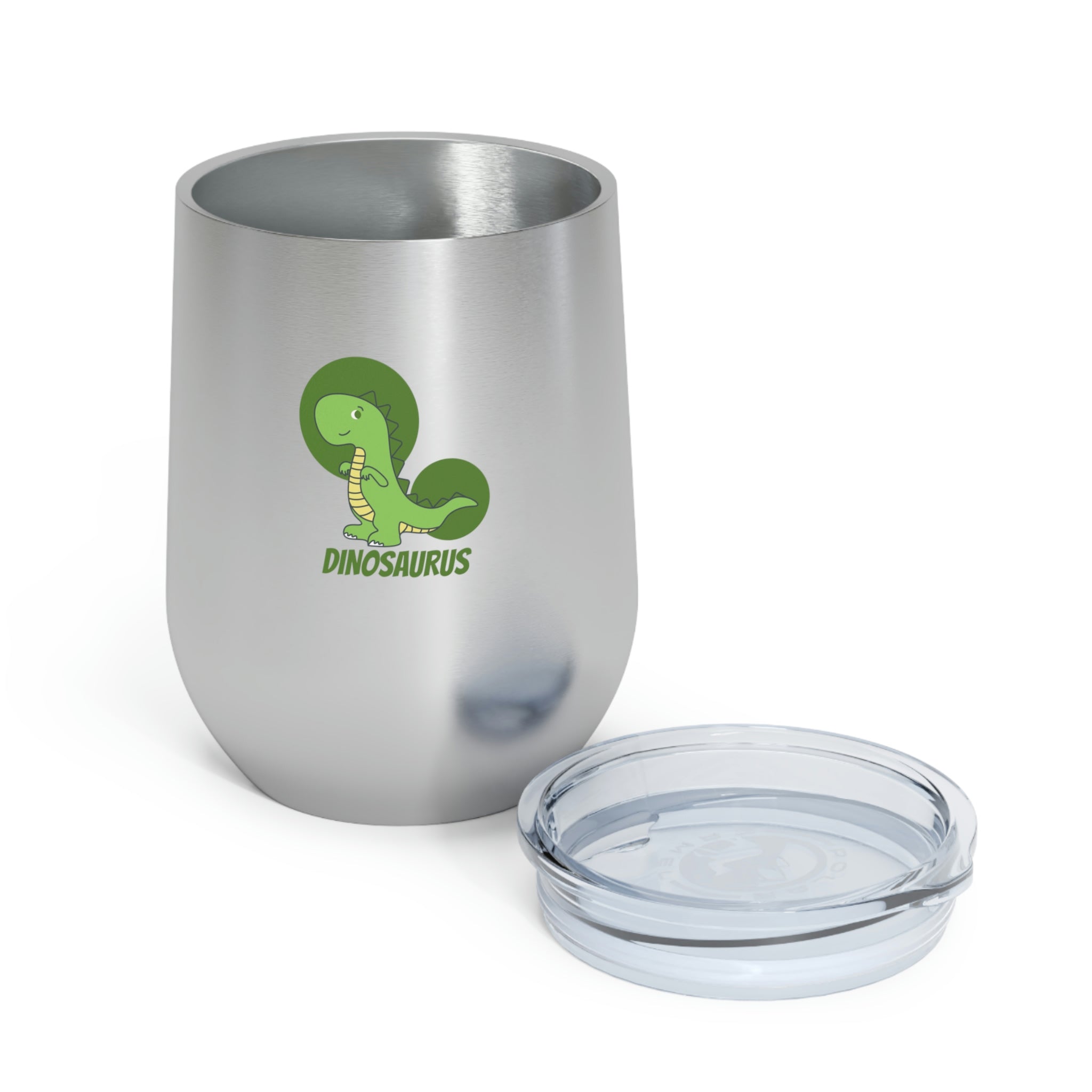 Green Dinosaurus Wine Tumbler with double insulation and clear lid, perfect for hot and cold beverages.