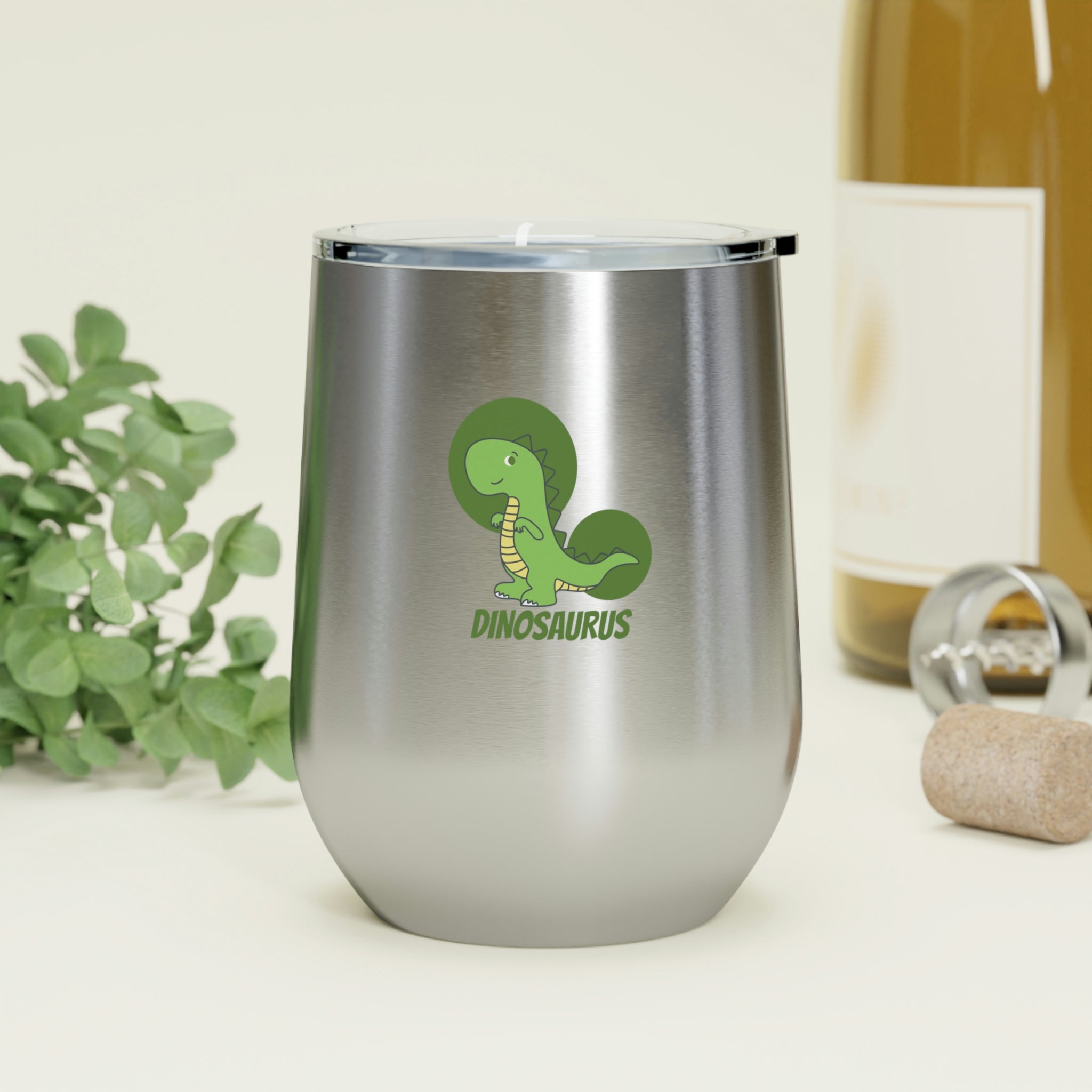 Green Dinosaurus Wine Tumbler with double insulation and clear lid, perfect for hot and cold beverages.