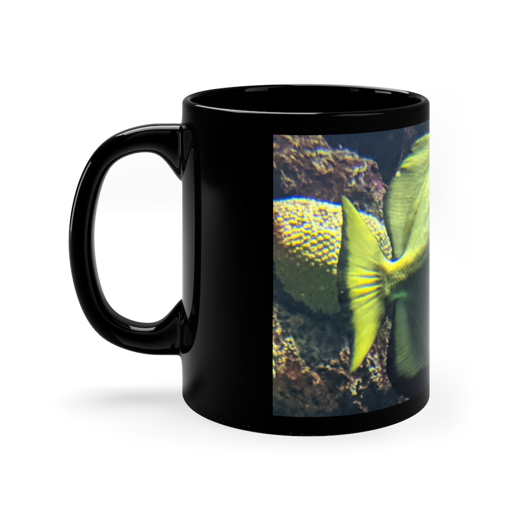 Green Fish 11oz black ceramic mug with a C-handle, perfect for coffee, tea, or hot chocolate.